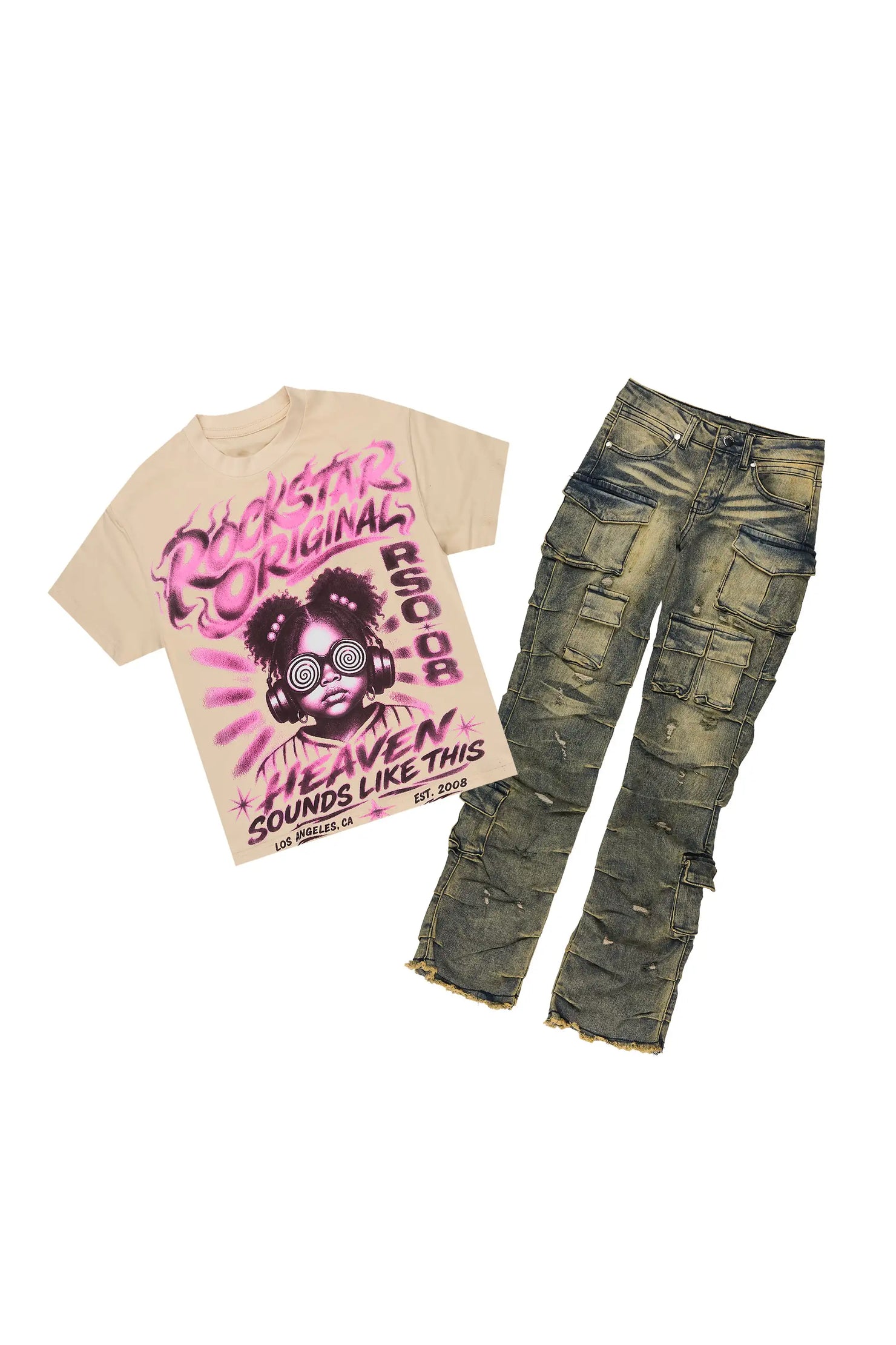 Girls Loomy Sand/Tint T-Shirt Stacked Jean Set