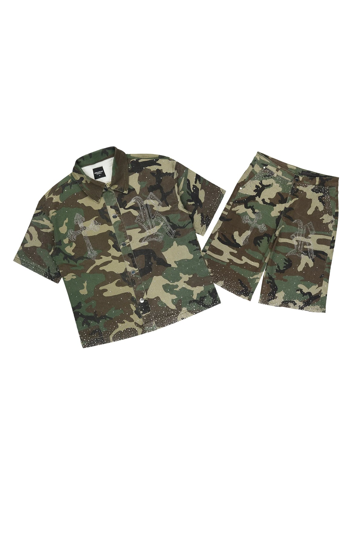 Clemente Camo Rhinestone Button Down Shirt Jort Set