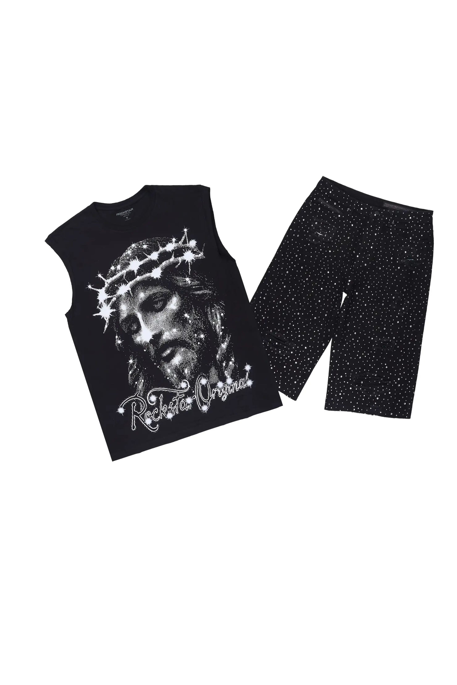 Zayir Black/Jet Black Oversized Graphic T-Shirt &  Discolite Rhinestone Denim Short Set