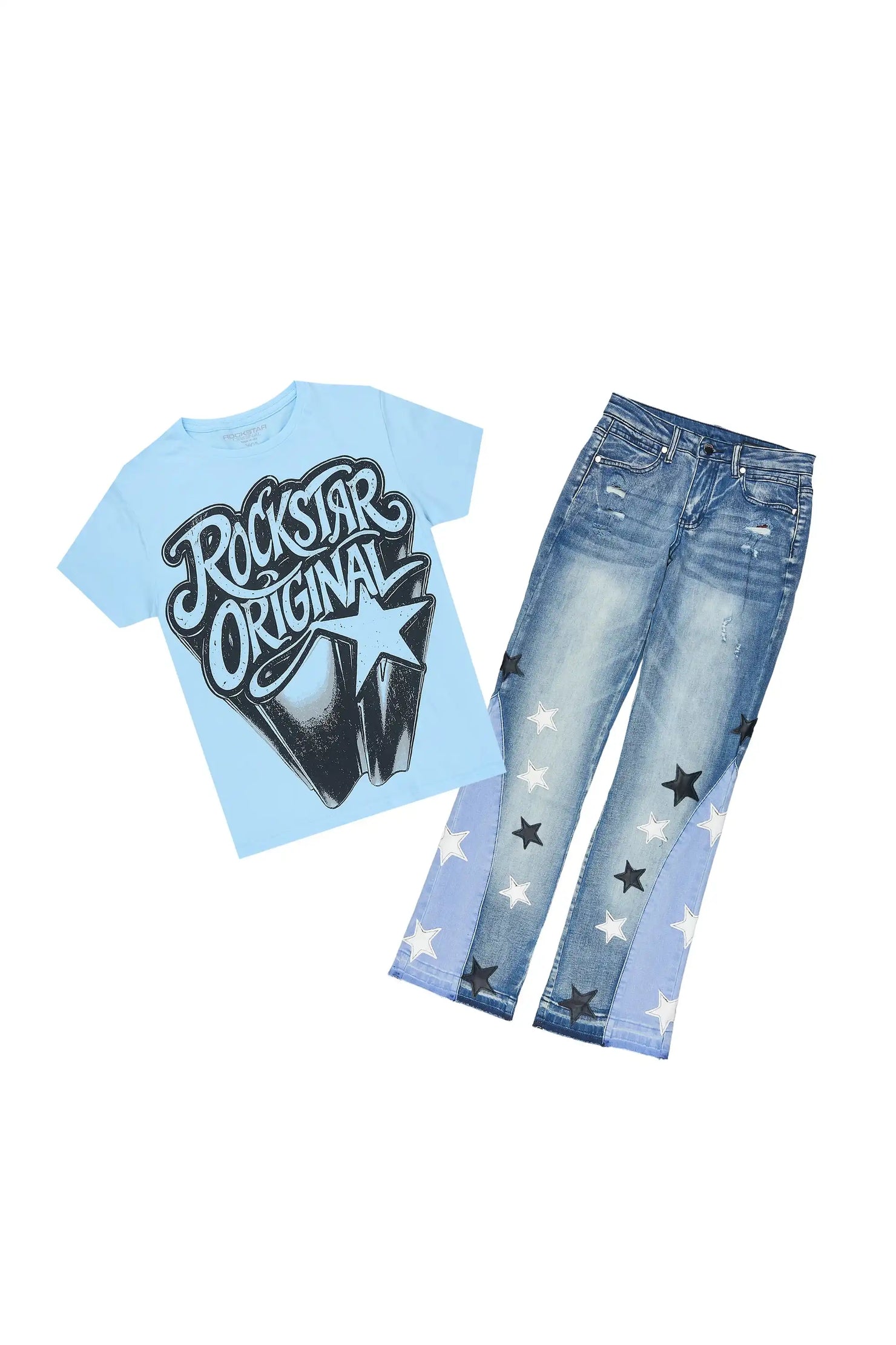 Girls Zayda Light Blue/Blue T-Shirt Stacked Jean Set