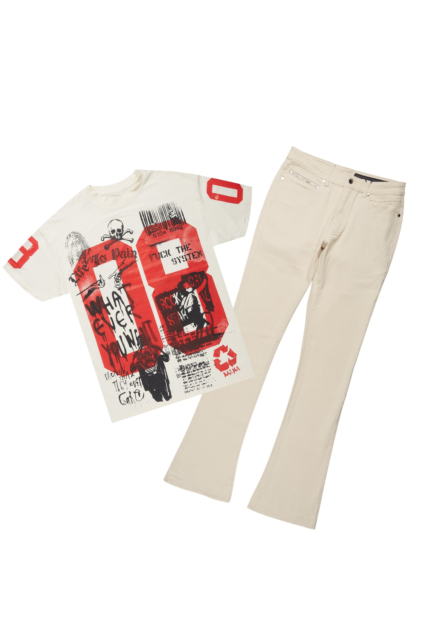 Grill Vintage Sand Oversized Graphic T-Shirt/Dag Stacked Flare Jean Set