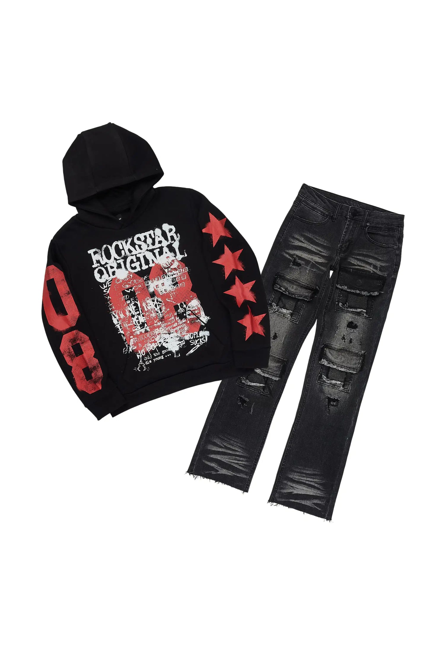 Boys Rhett Black Hoodie/Stacked Jean Set