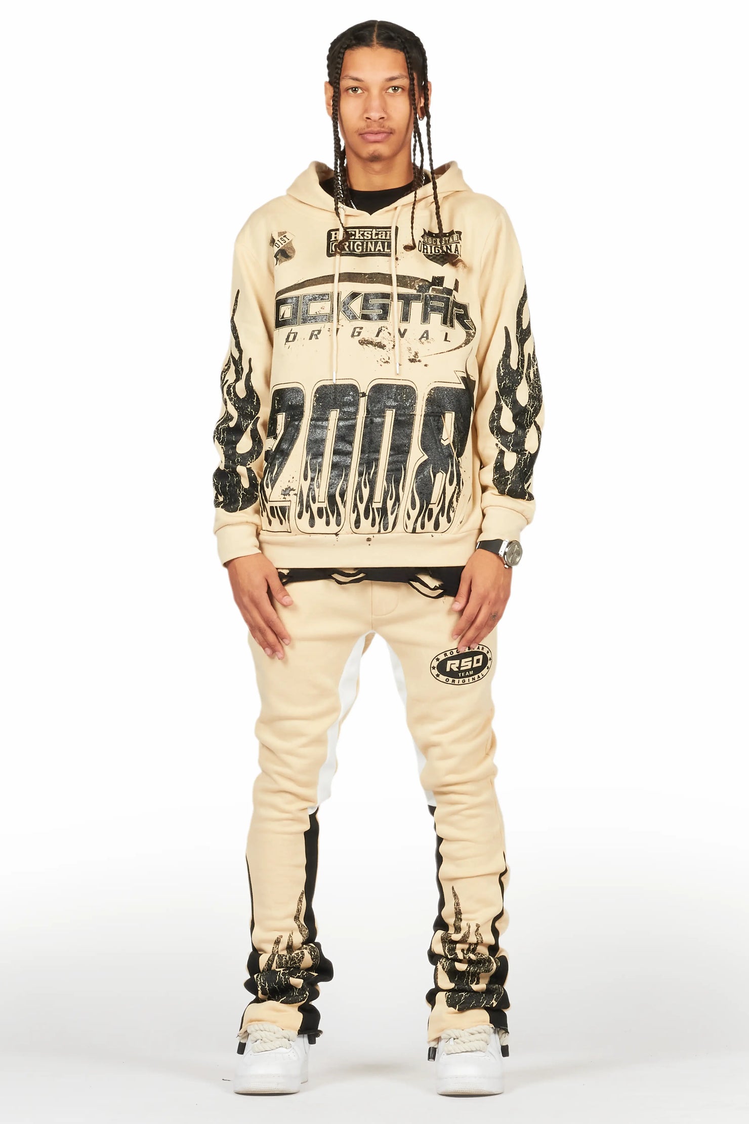 Amos Beige Stacked Flare Hoodie Track Set