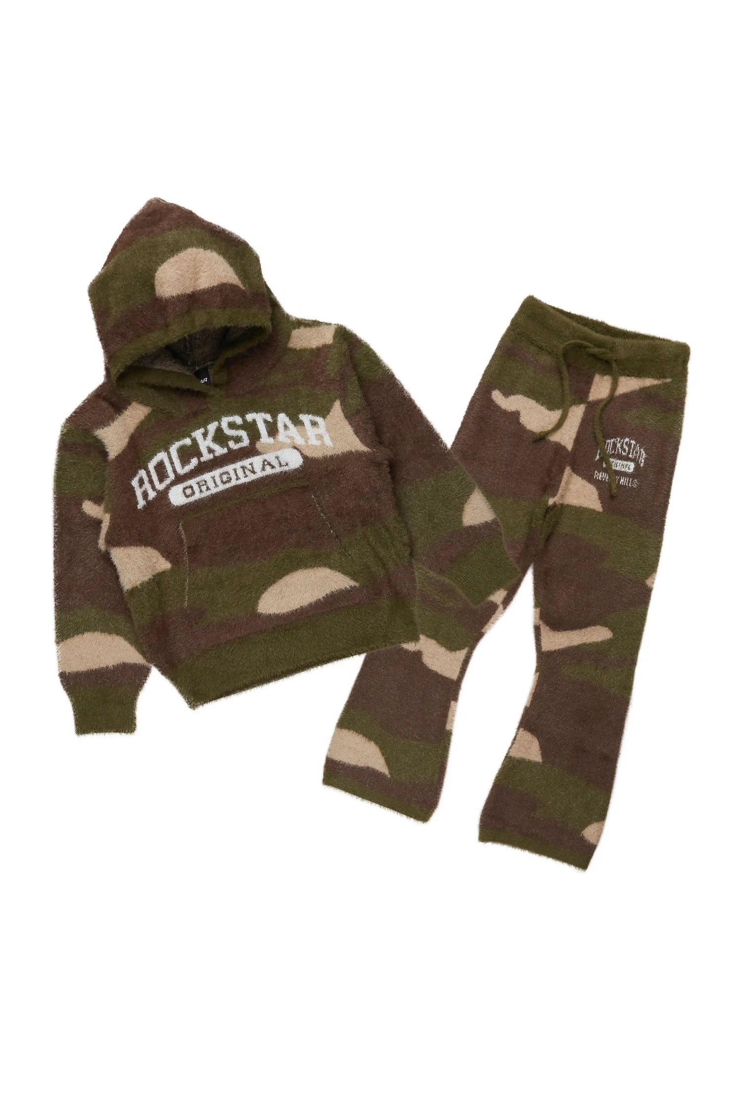 Boys Member Green Camo Stacked Flare Knitted Mohair Track Set