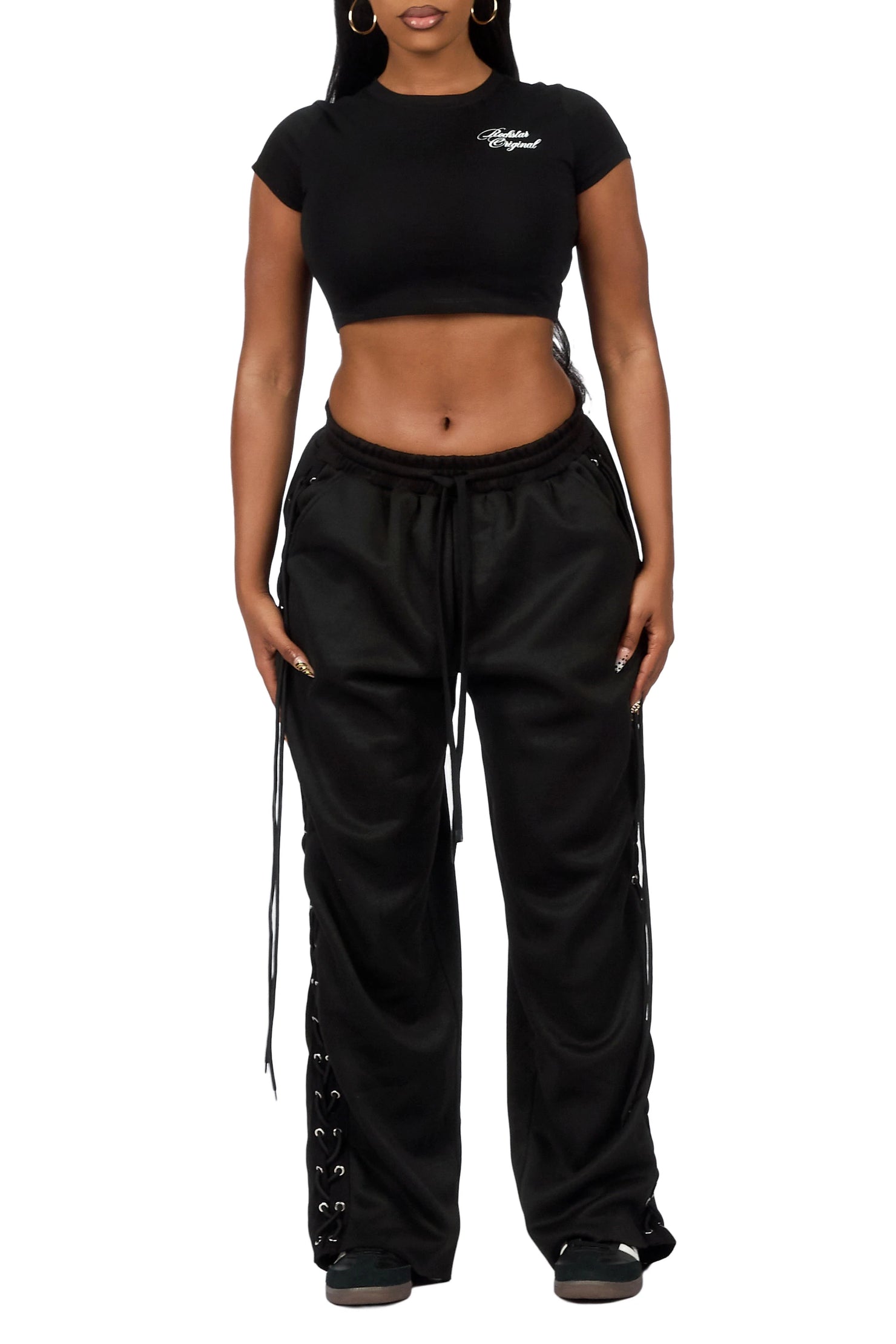 Desire Black Lace Up  Crop T-Shirt Baggy Track Set