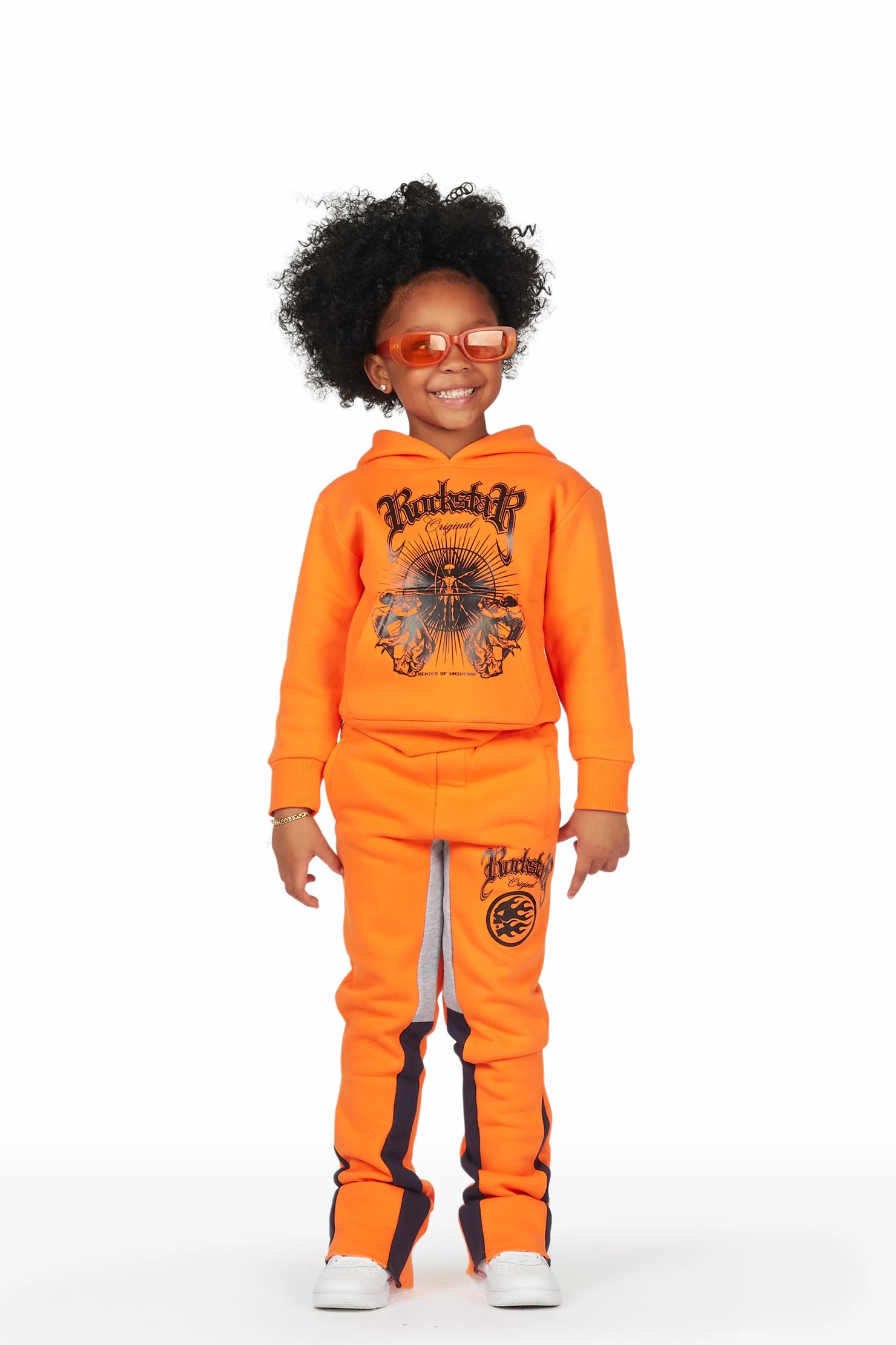 Girls Yadi Orange Hoodie Super Stacked Flare Track Set
