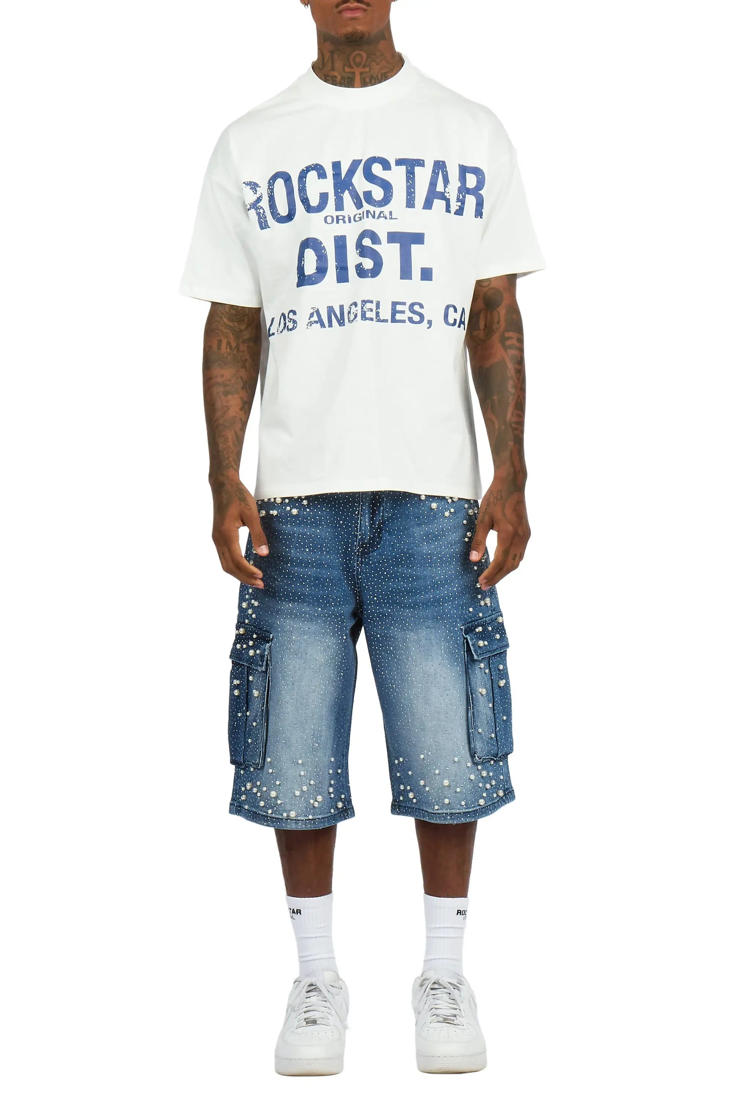 Sevyn White/Blue Rhinestone T-Shirt Denim Jort Set