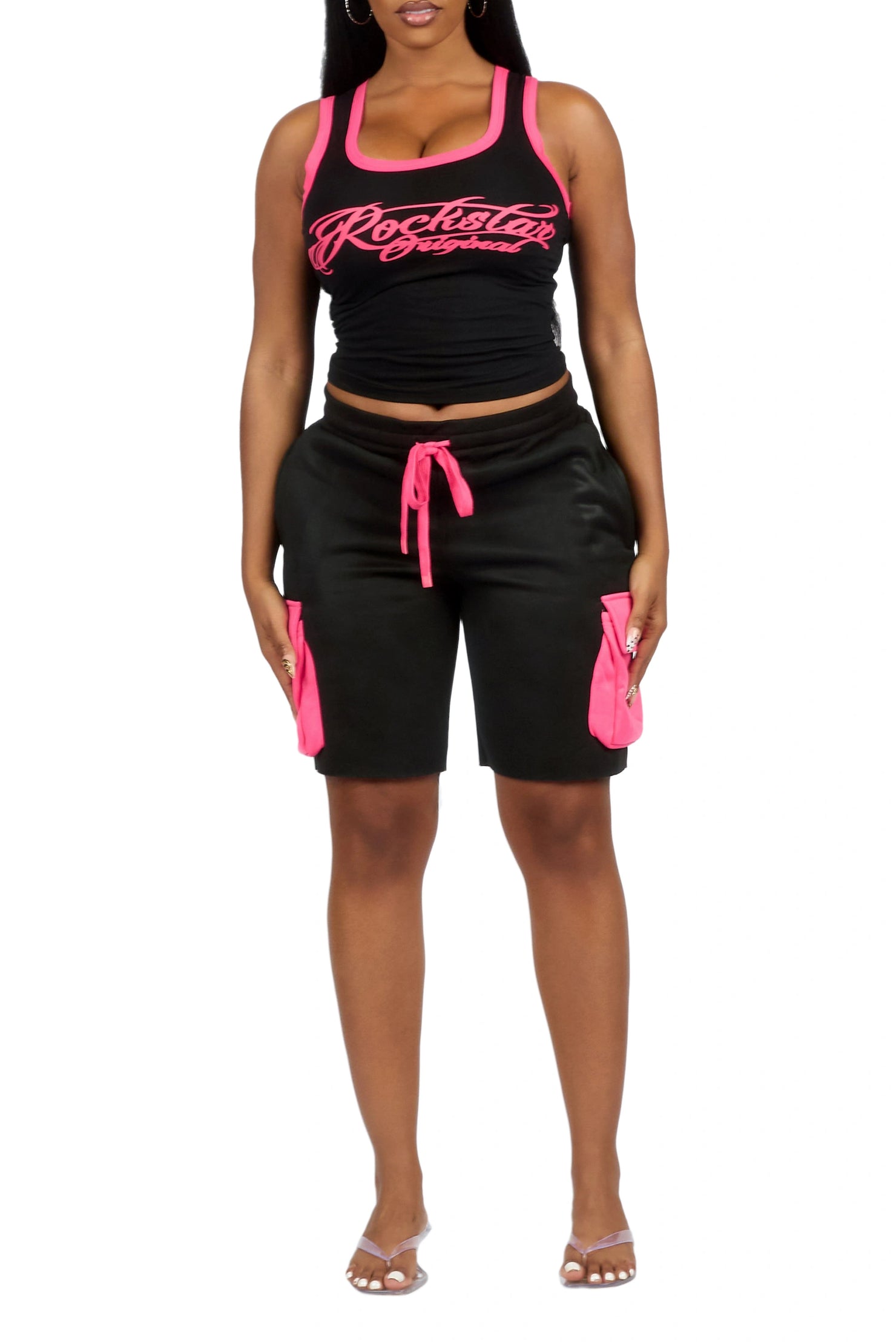 Charise Black/Pink Tank Cargo Short Set