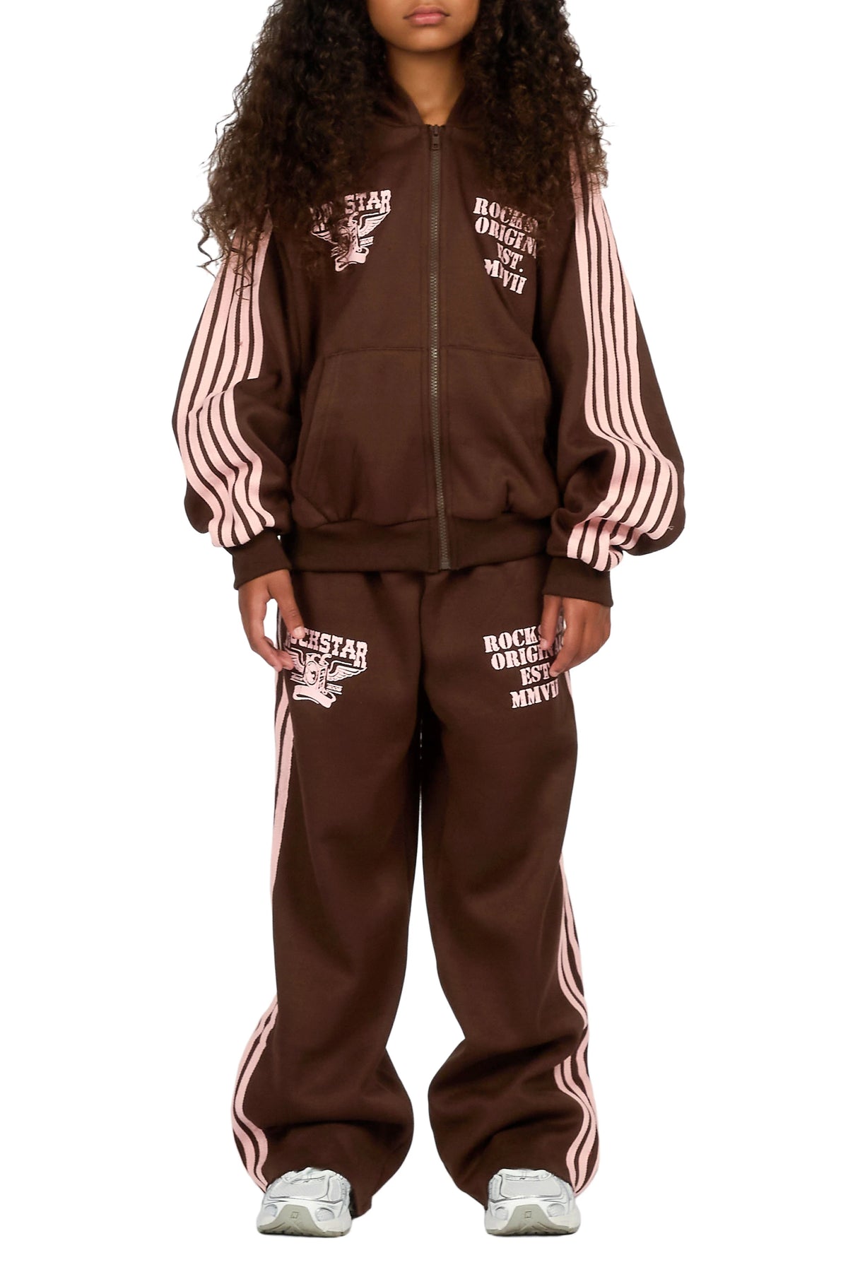 Girls Maniera Brown/Pink Zip Up Hoodie Relaxed Pant Track Set