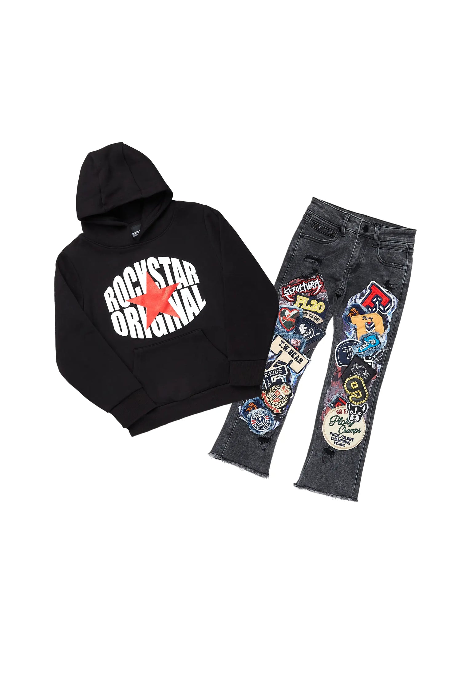 Boys Ezra Black Hoodie & Espen Stacked Flare Jean Set