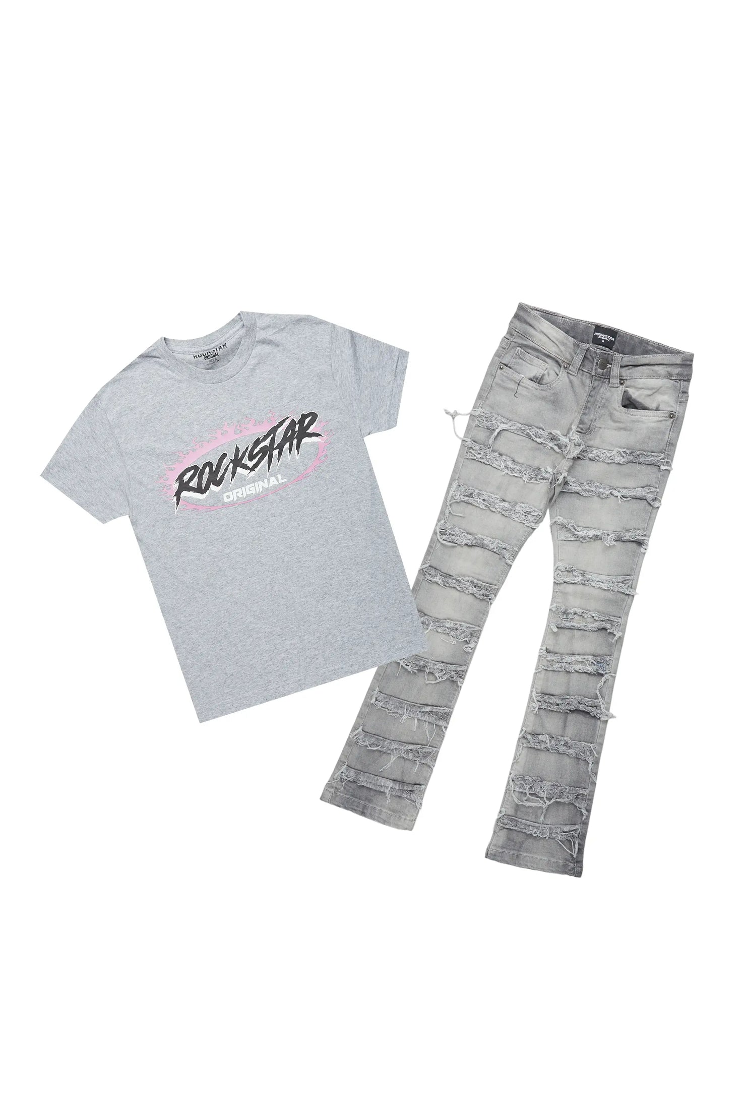 Boys Kaiko Grey T-Shirt/Frayed Skinny Stacked Flare Jean Set