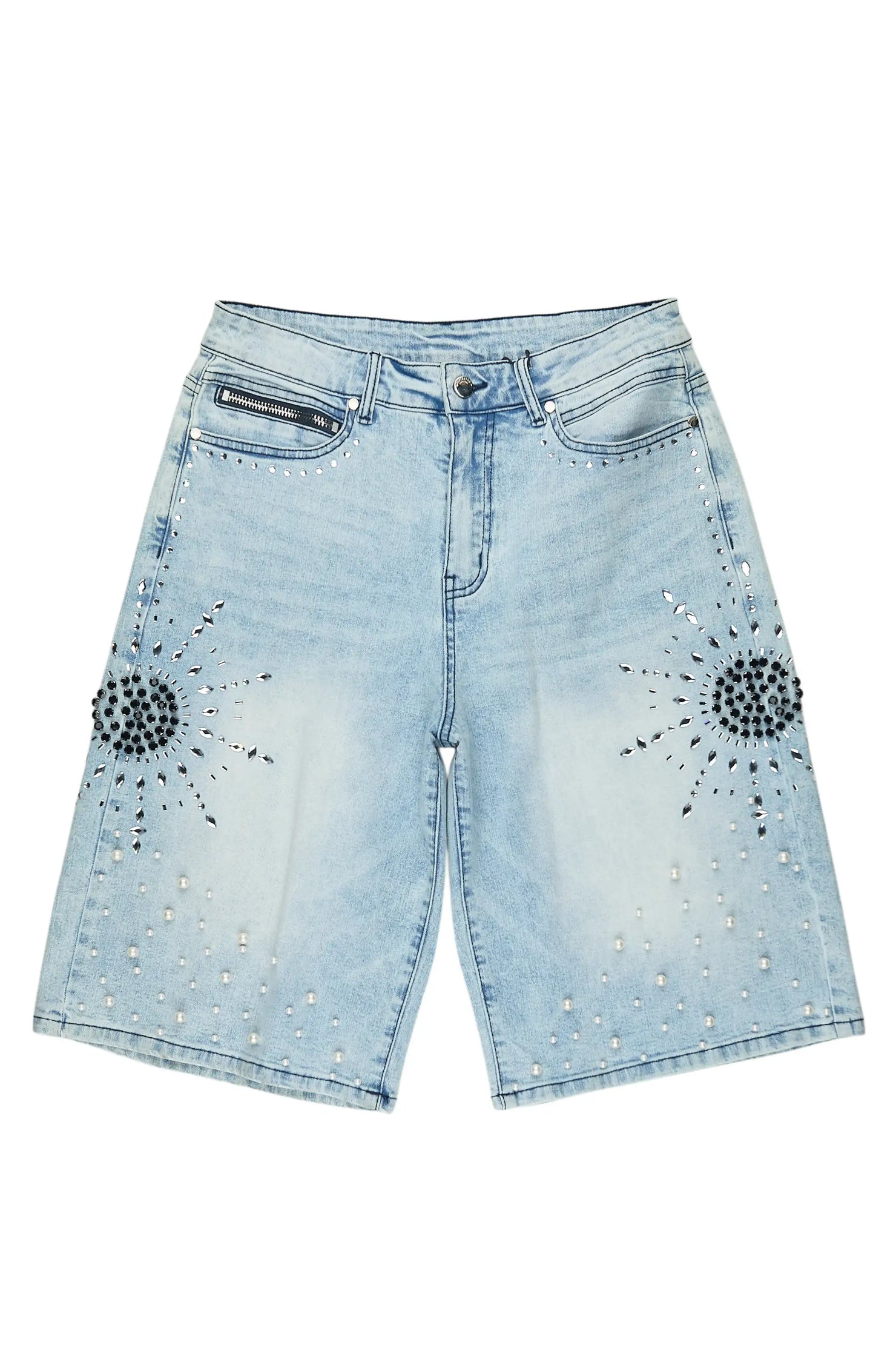 Tryst Light Blue Rhinestone Denim Short