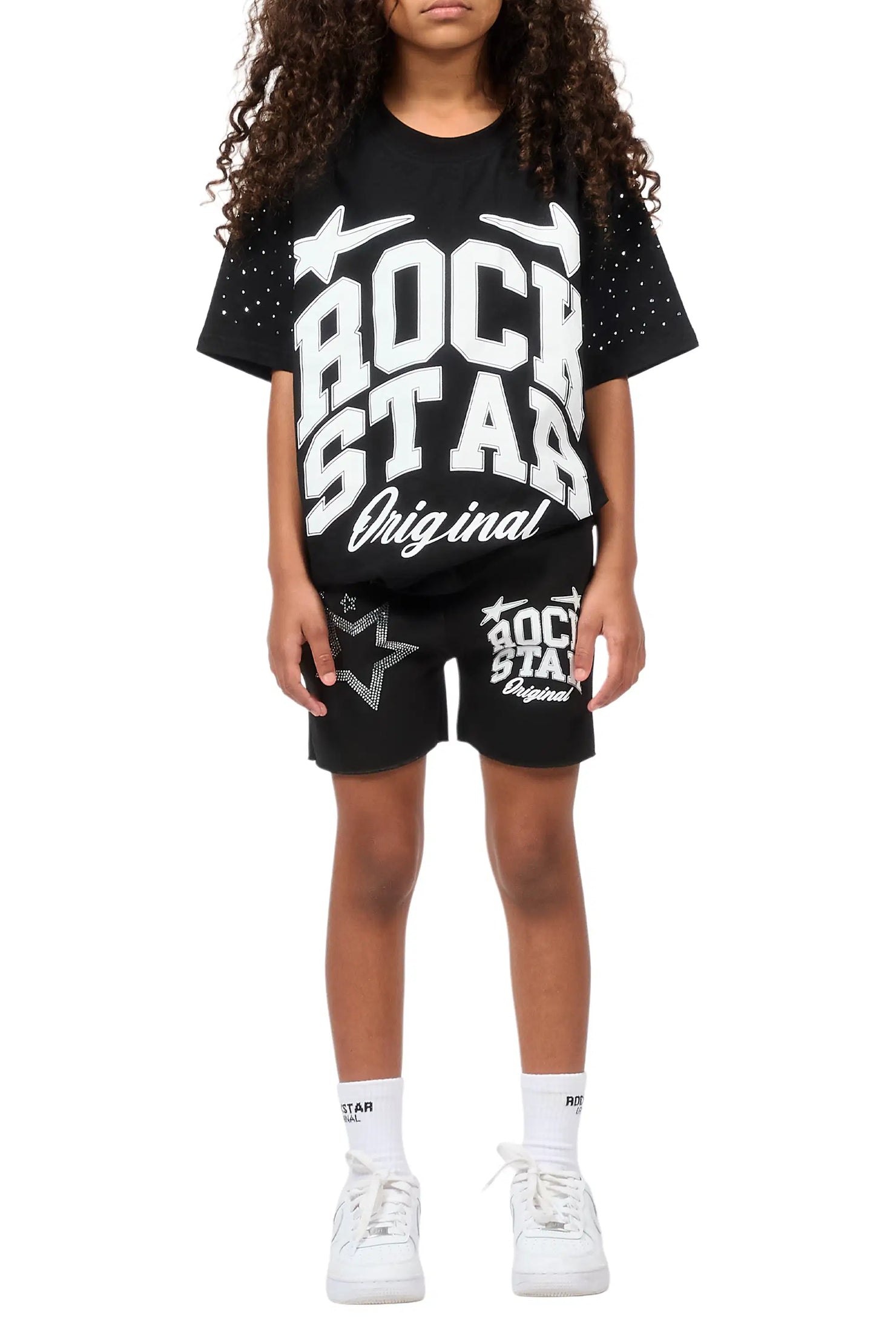 Girls Flaveya Black/Wite Rhinestone T-Shirt Short Set