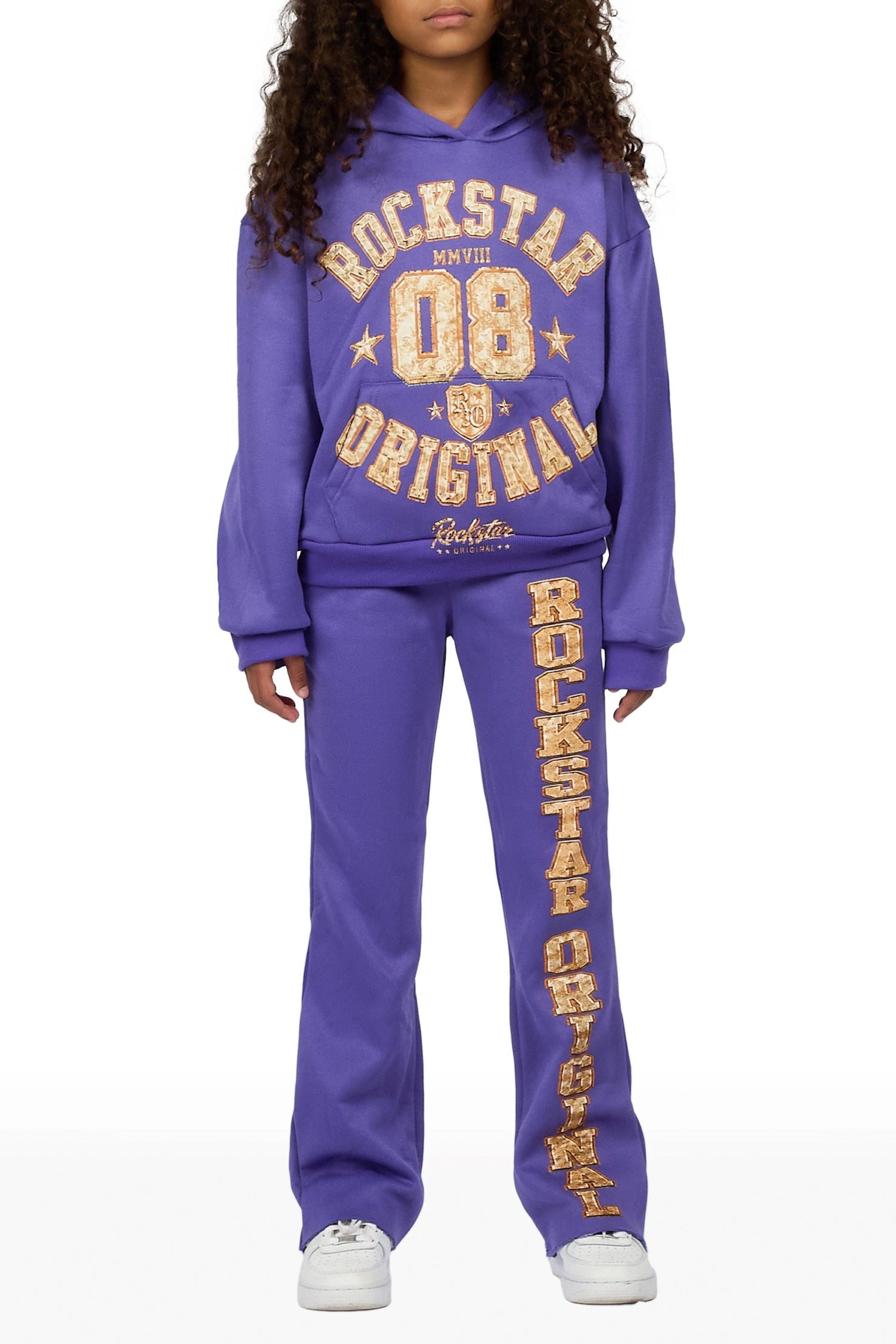 Girls Atrameny Purple/Cream Stacked Hoodie Track Set