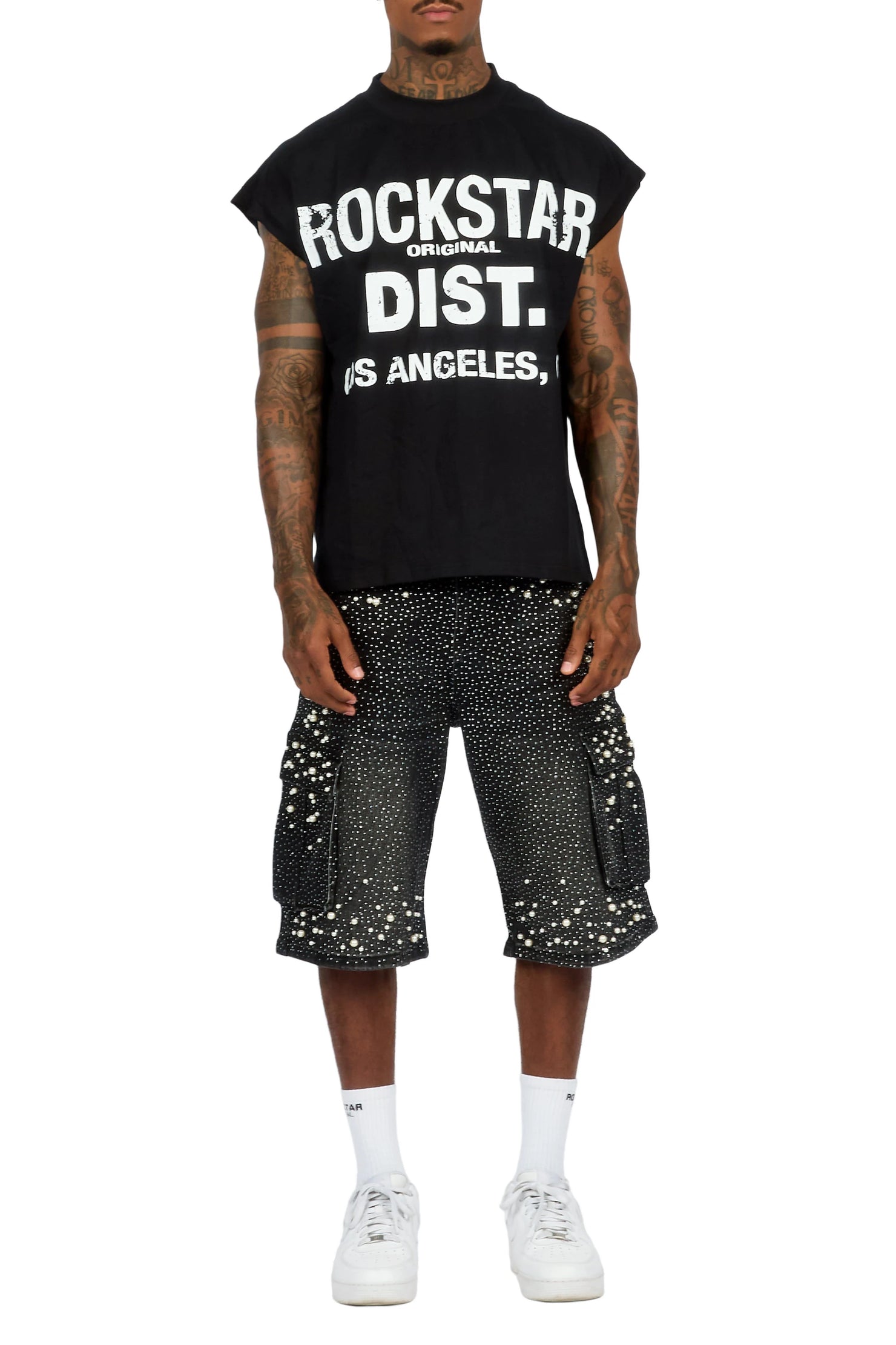 Sevyn Black/Black Rhinestone Cut Sleeve T-Shirt Denim Short Set