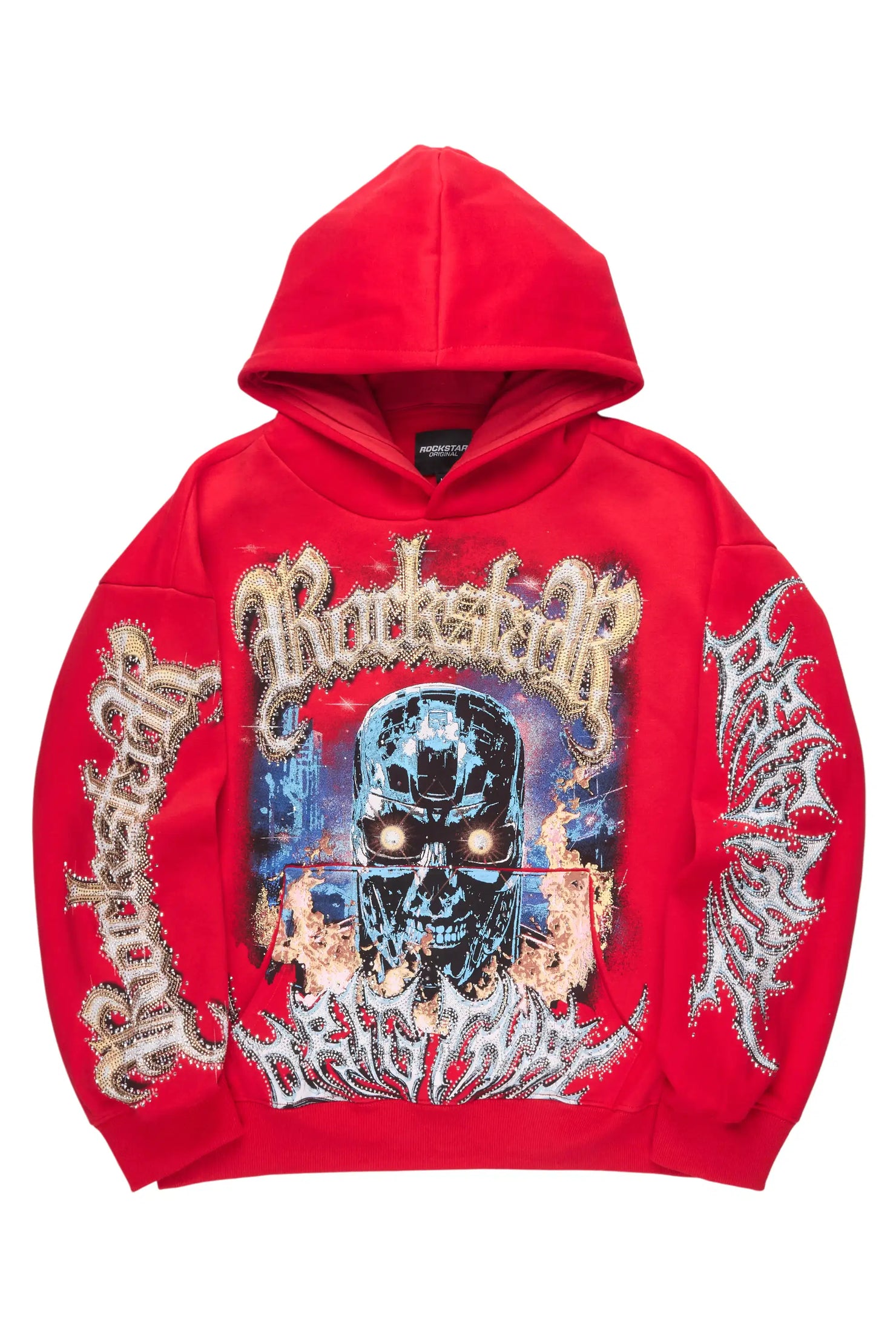 Mesin Red Rhinestone Oversized Hoodie