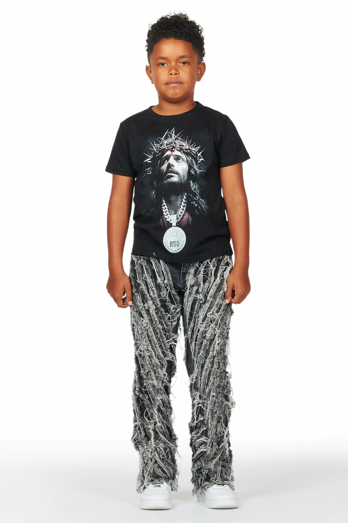 Boys Amina Black T-Shirt/Stack Flare Jean Set