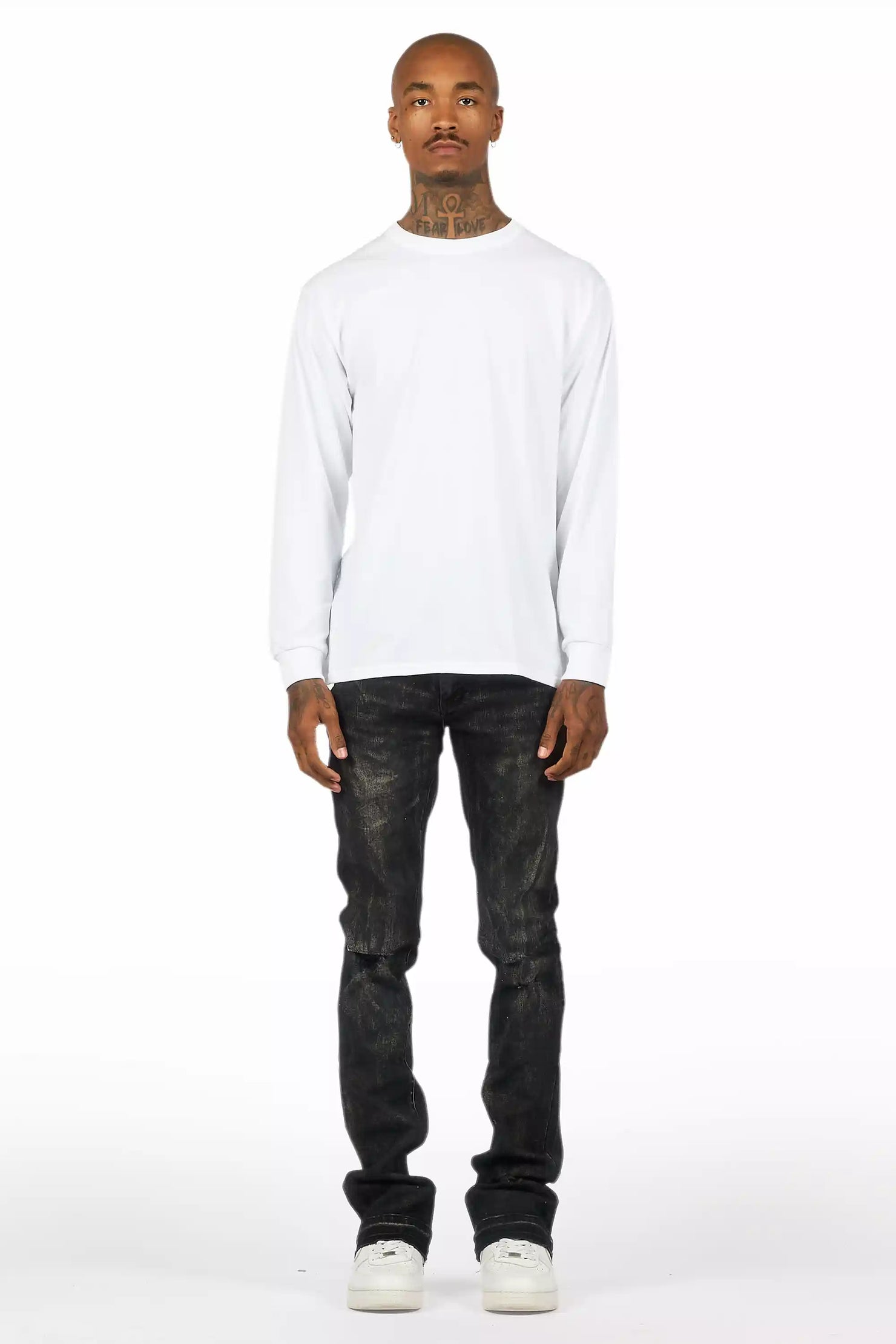 Inkspill Grey Oil Wash Stacked Flare Jean