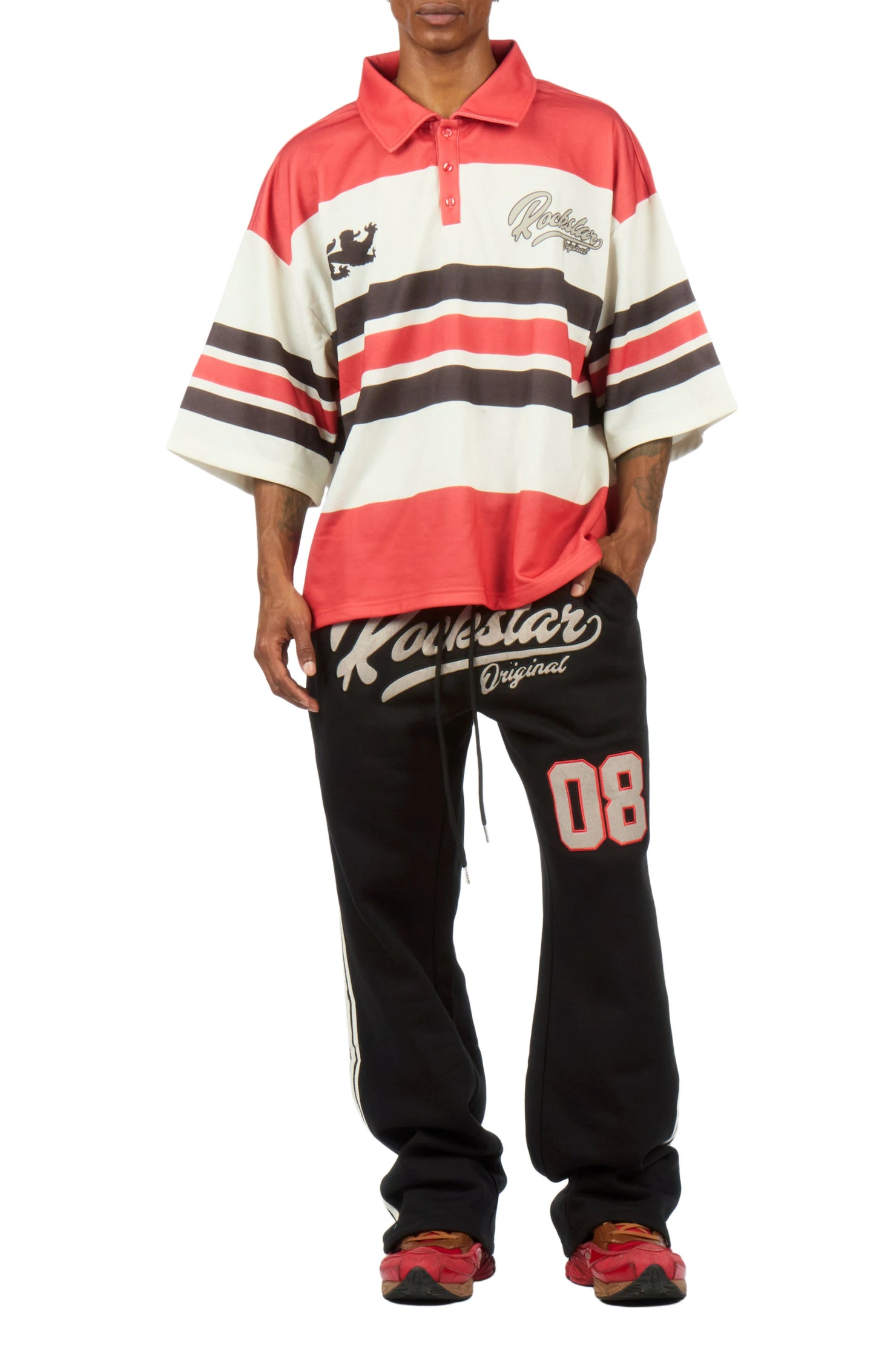 Yazan Red Crop Boxy Polo/ French Terry Relaxed Pant Track Set
