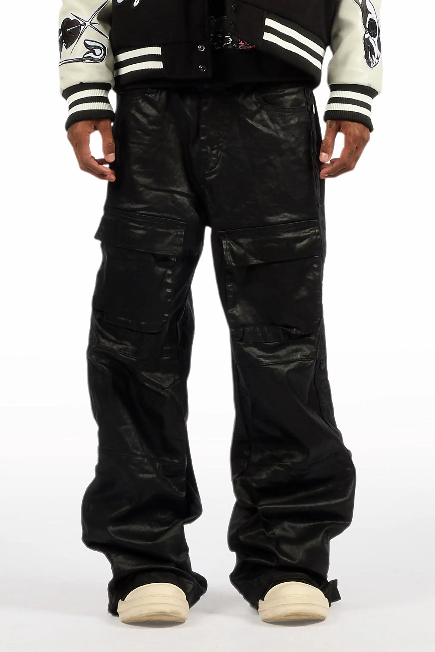 Yuri Black Baggy Cargo Flare Coated Pant