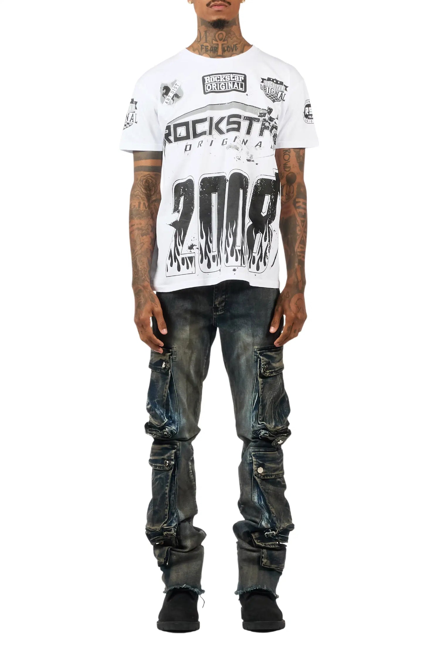 Cloudy Dark Blue Stacked Flare Jean