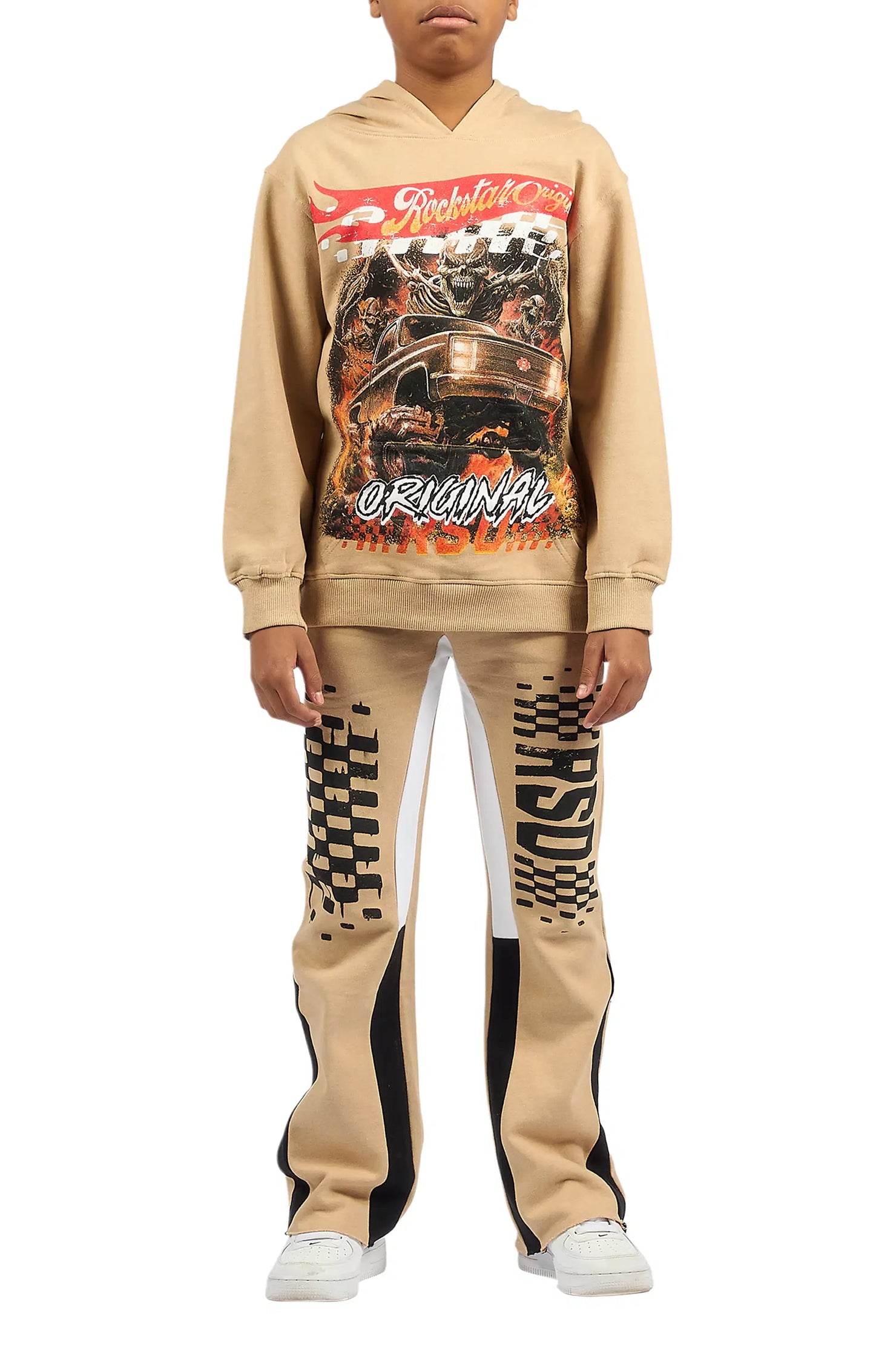 Boys Dreamer Beige/Black Hoodie/Stacked Flare Track Set
