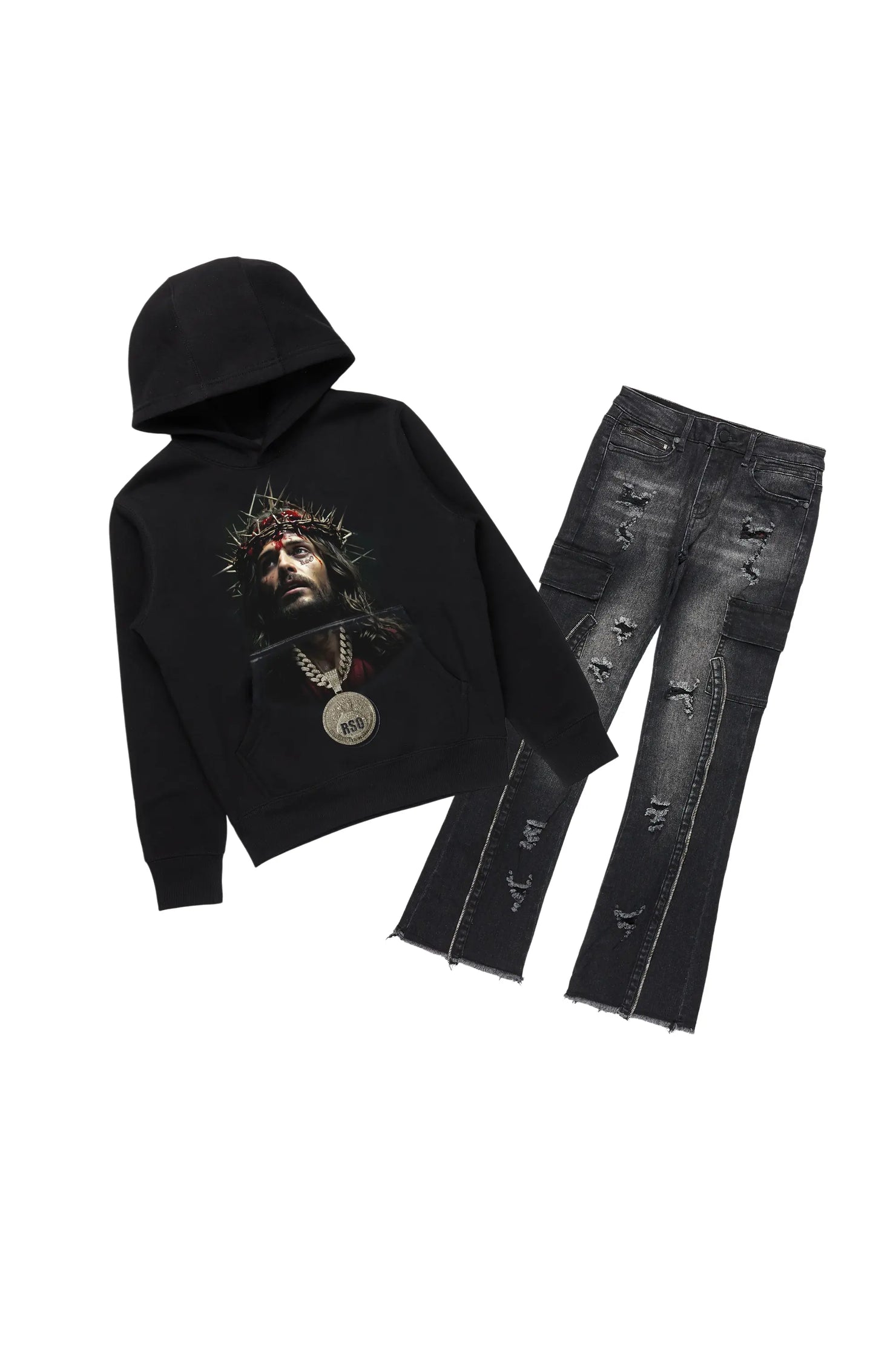 Boys Amina Black/Black Hoodie/Stacked Flare Jean Set