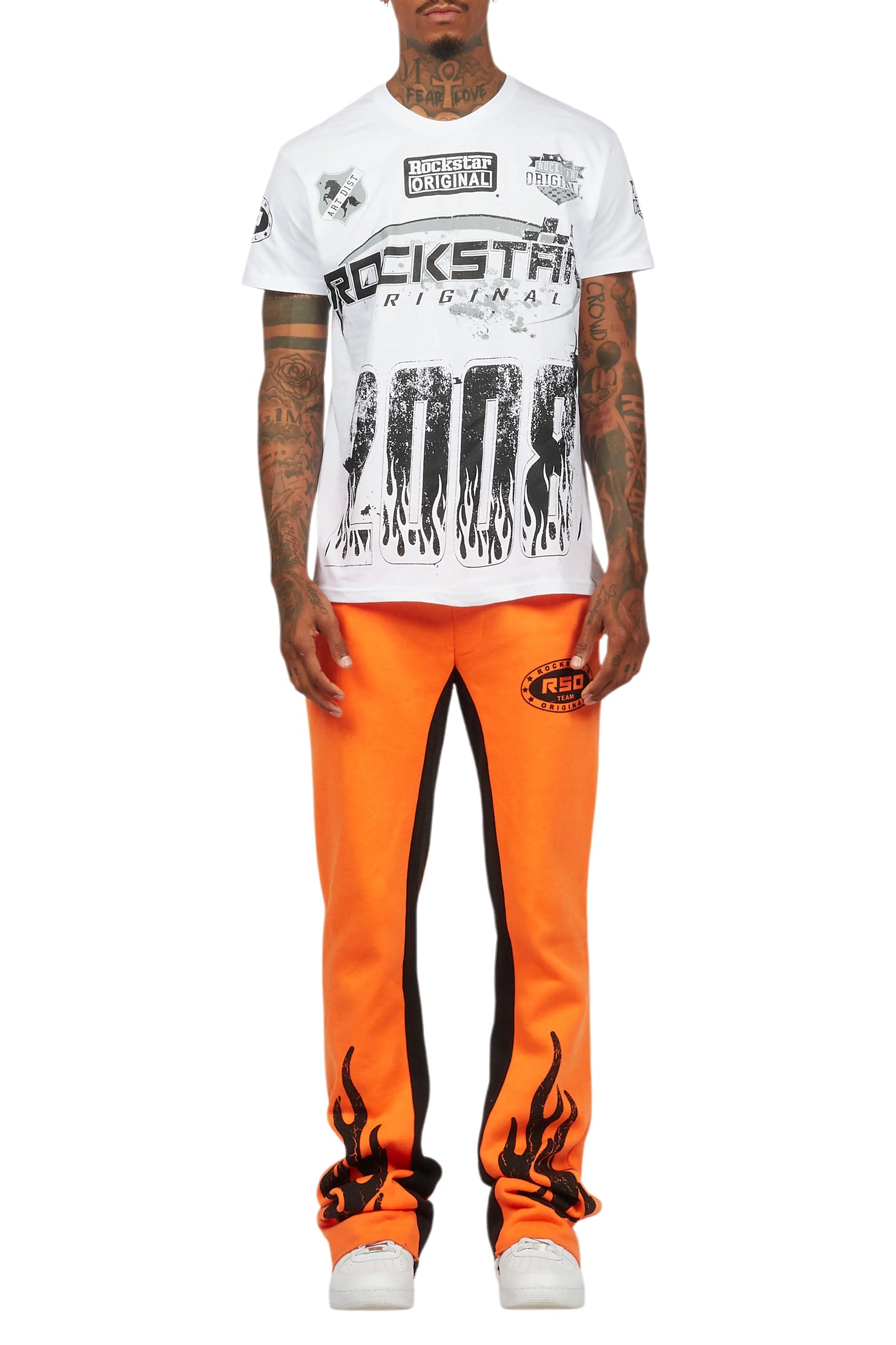 Amos White/Orange T-Shirt/Stacked Baggy Track Pant Set