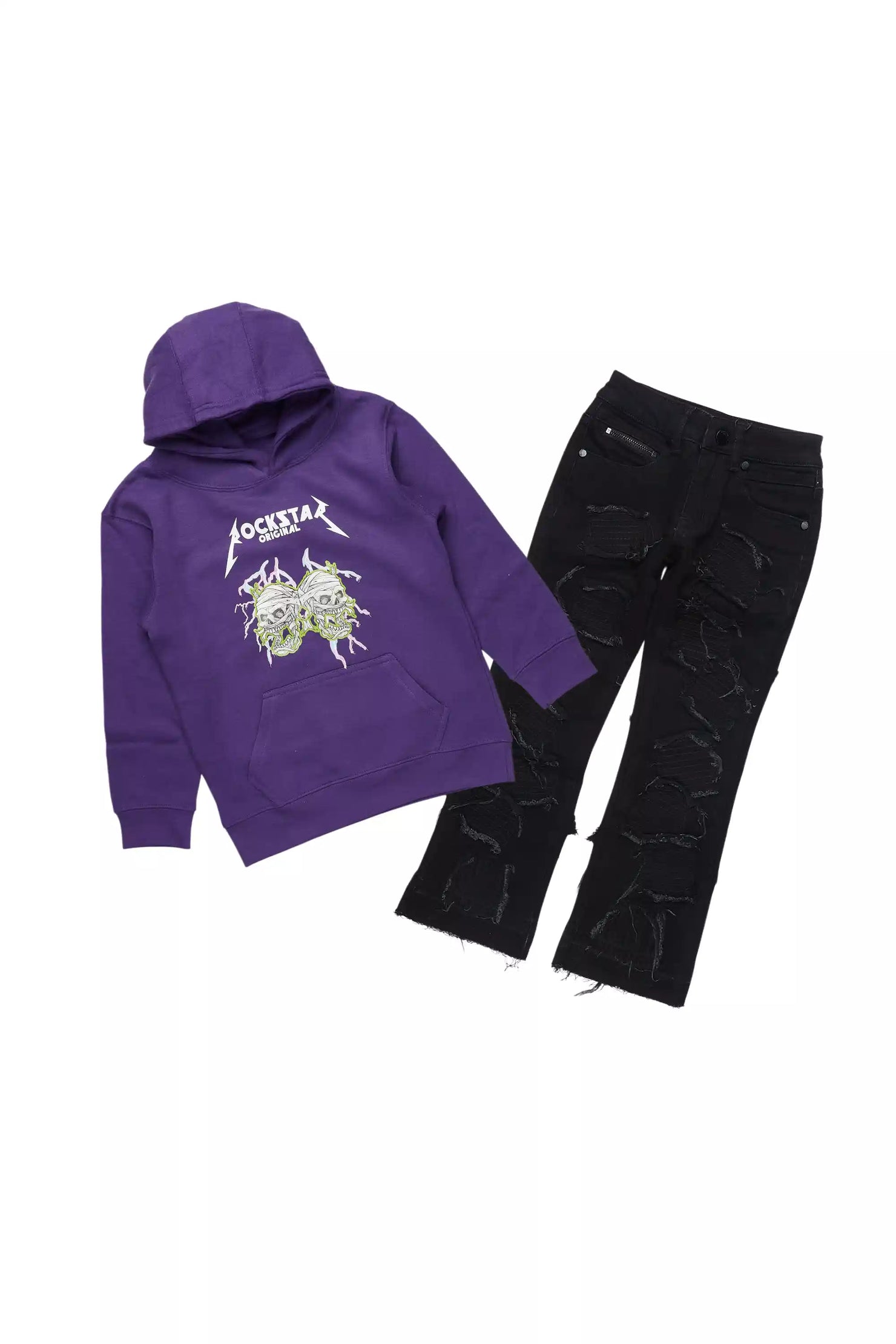 Boys Faxon Purple Hoodie/Stacked Flare Jean Set