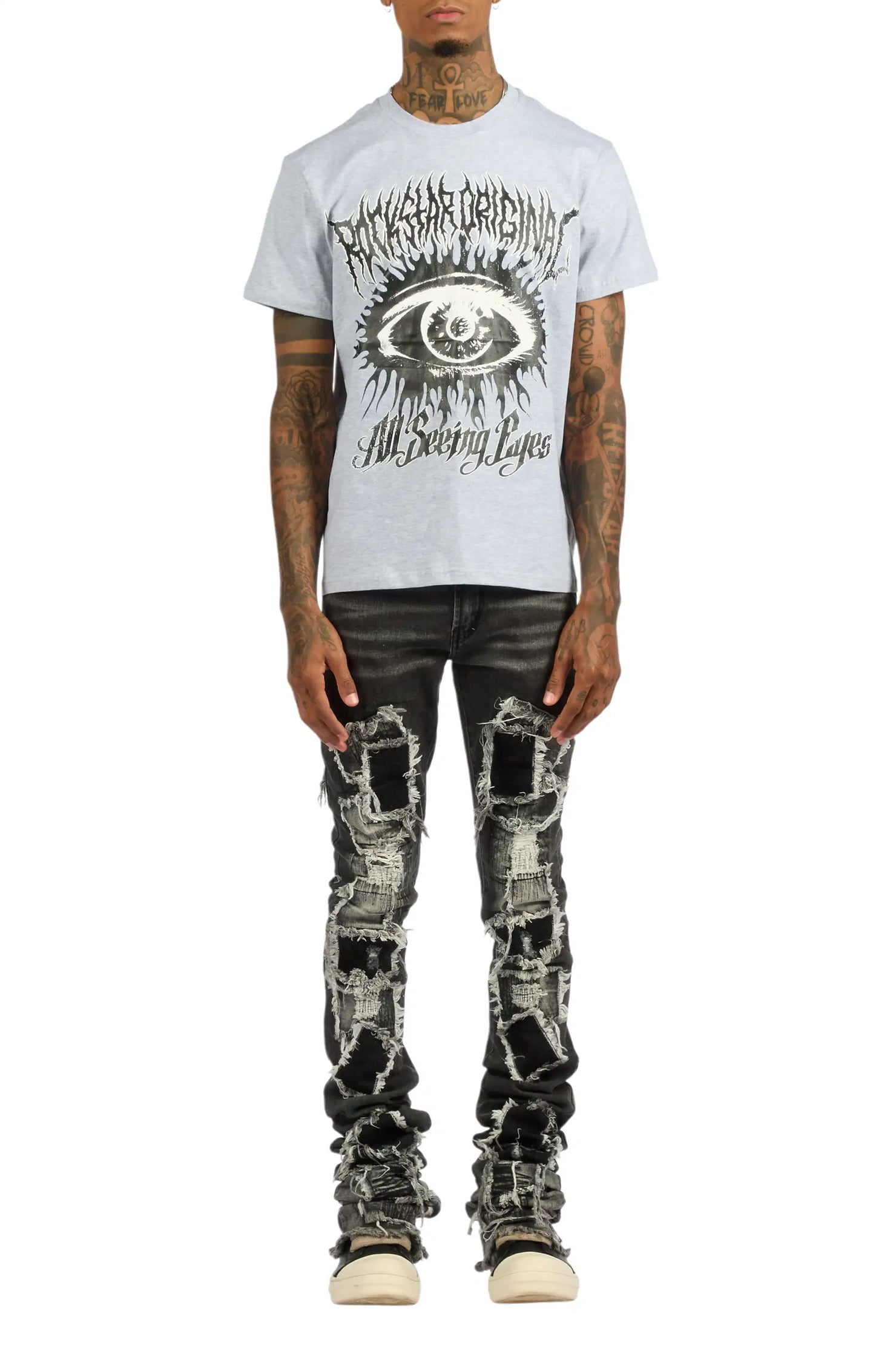 All Seeing Eyes Heather Grey T-Shirt/Super Stacked Flare Jean Bundle
