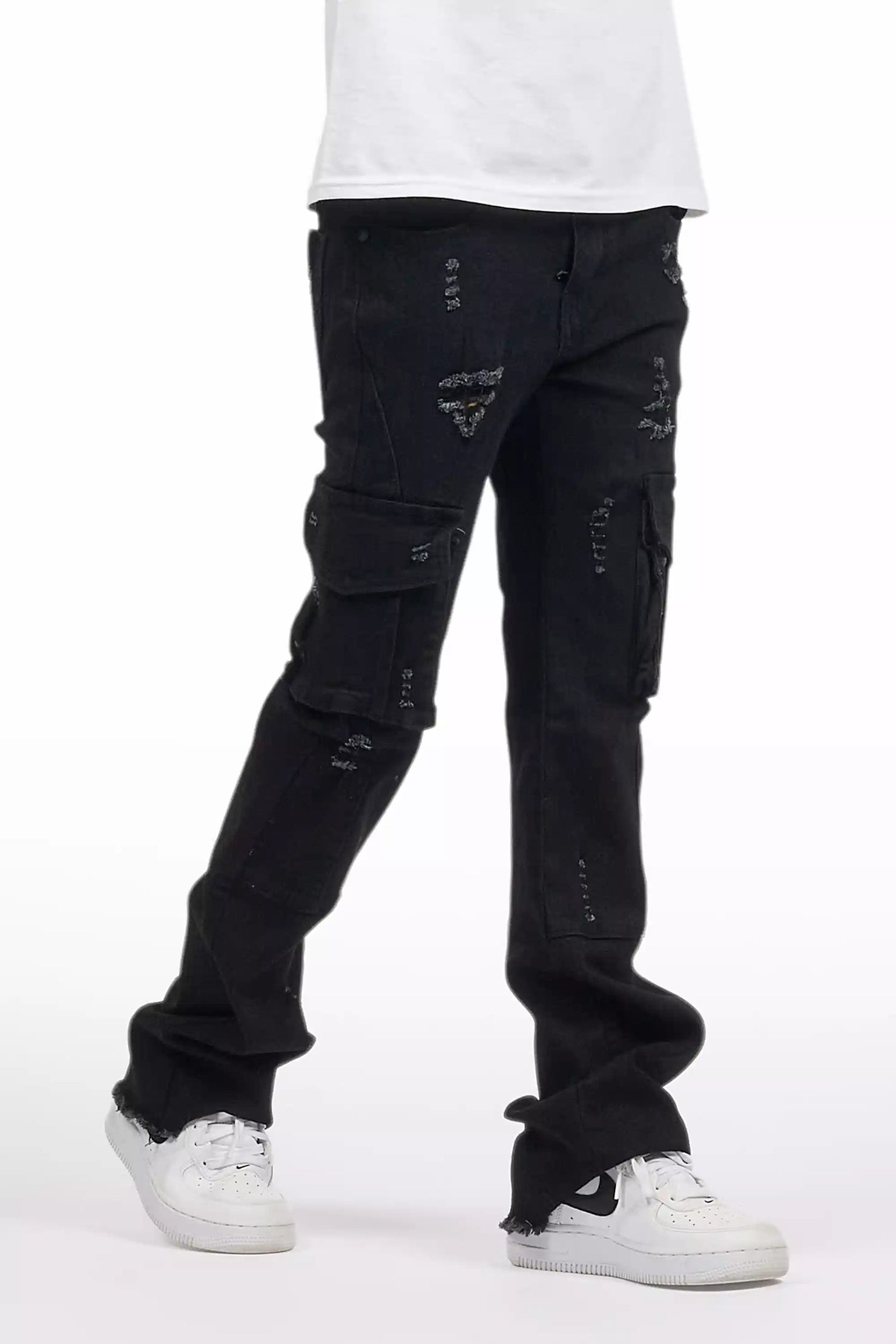 Boys Adalee Black Slim Stacked Flare Cargo Jean