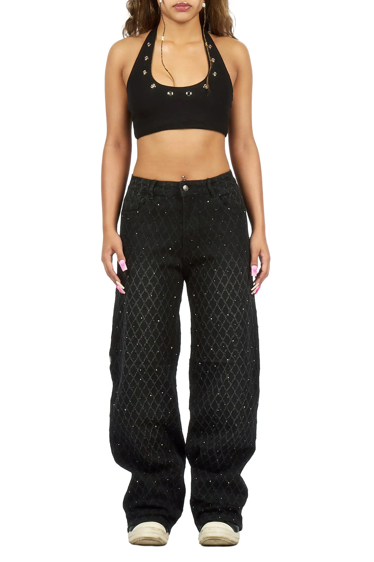 Amirah Black Rhinestone Wide Leg Jean