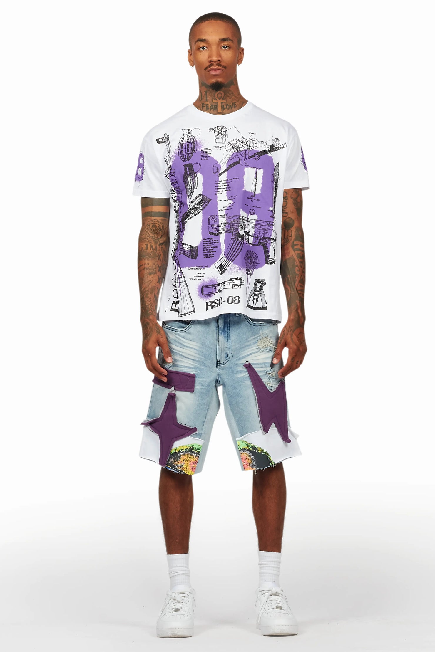 Nesta White/Purple T-Shirt/Denim Short Set