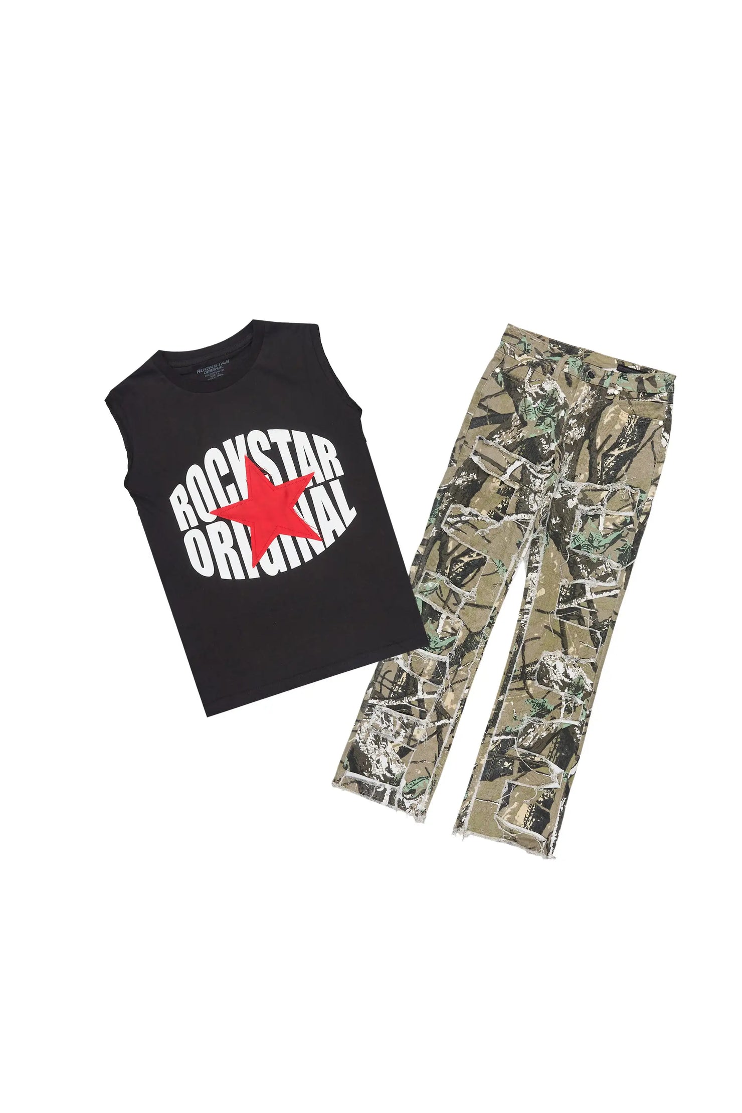 Boys Ezra Black Cut Off T-Shirt Stacked Jean Set