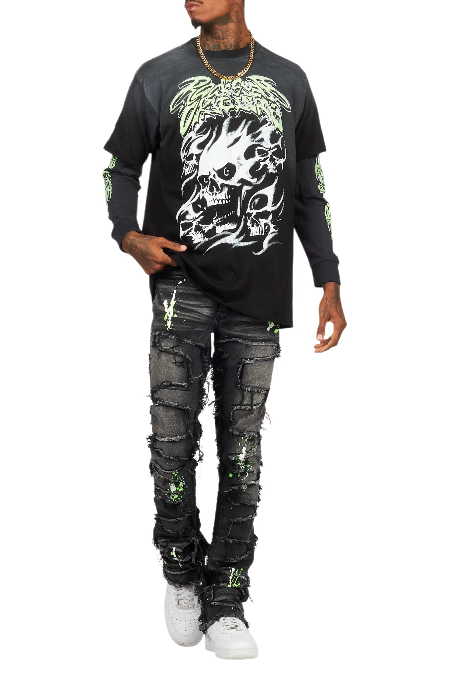 Schtupp Black Double Layer T-Shirt/Stacked Flare Jean Bundle