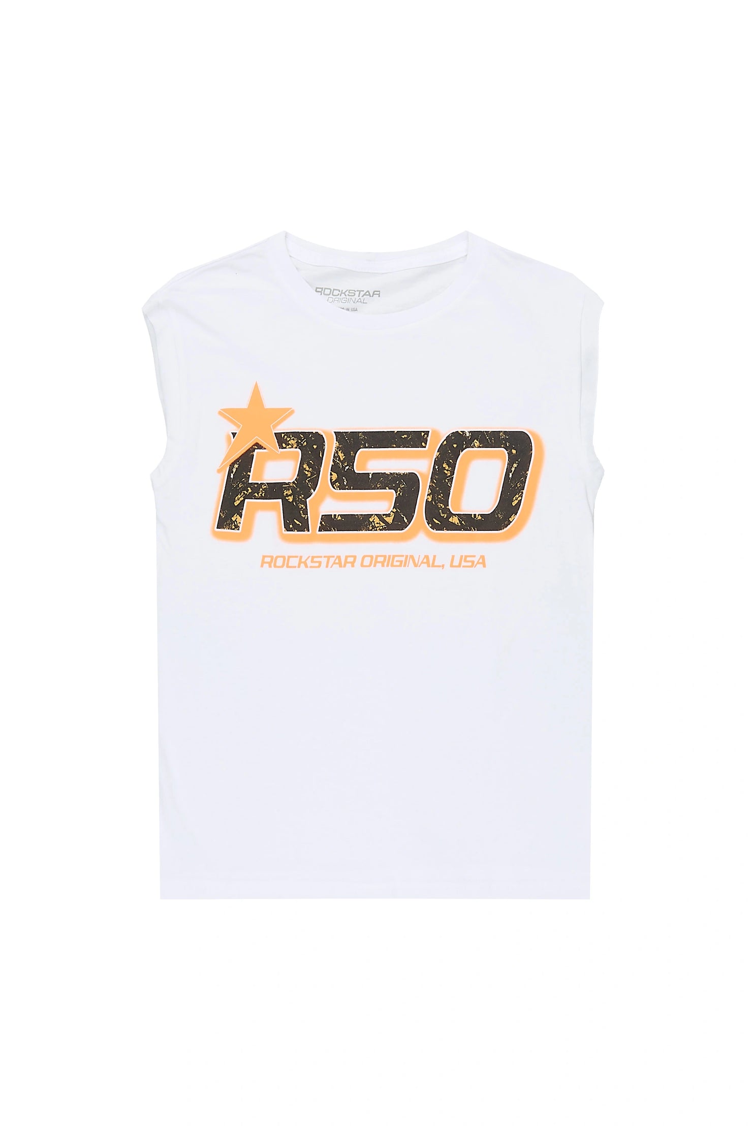 Boys Rocco White/Orange Cut Off Graphic T-Shirt