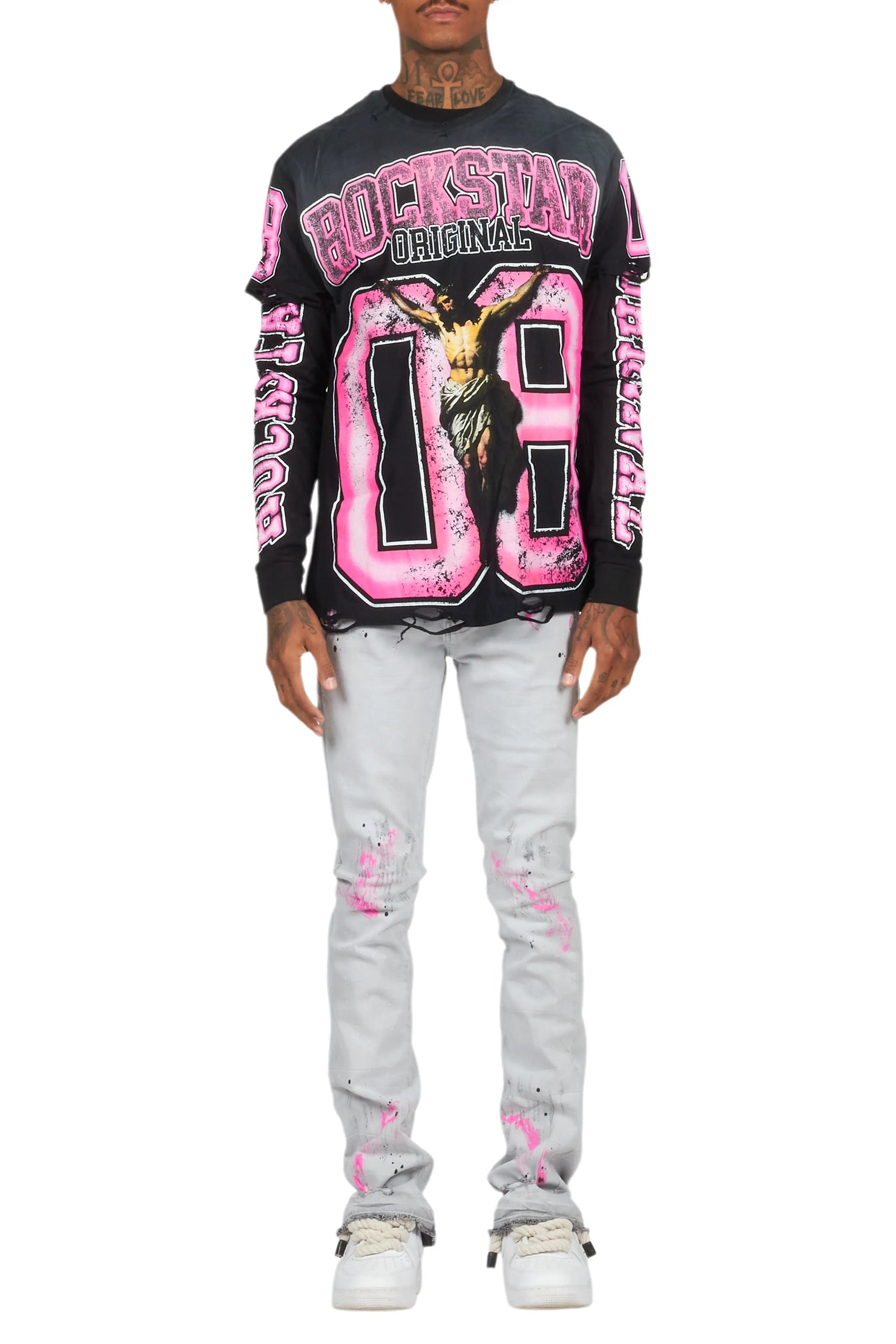 Fields Black Double Layer T-Shirt/Stacked Flare Jean Set