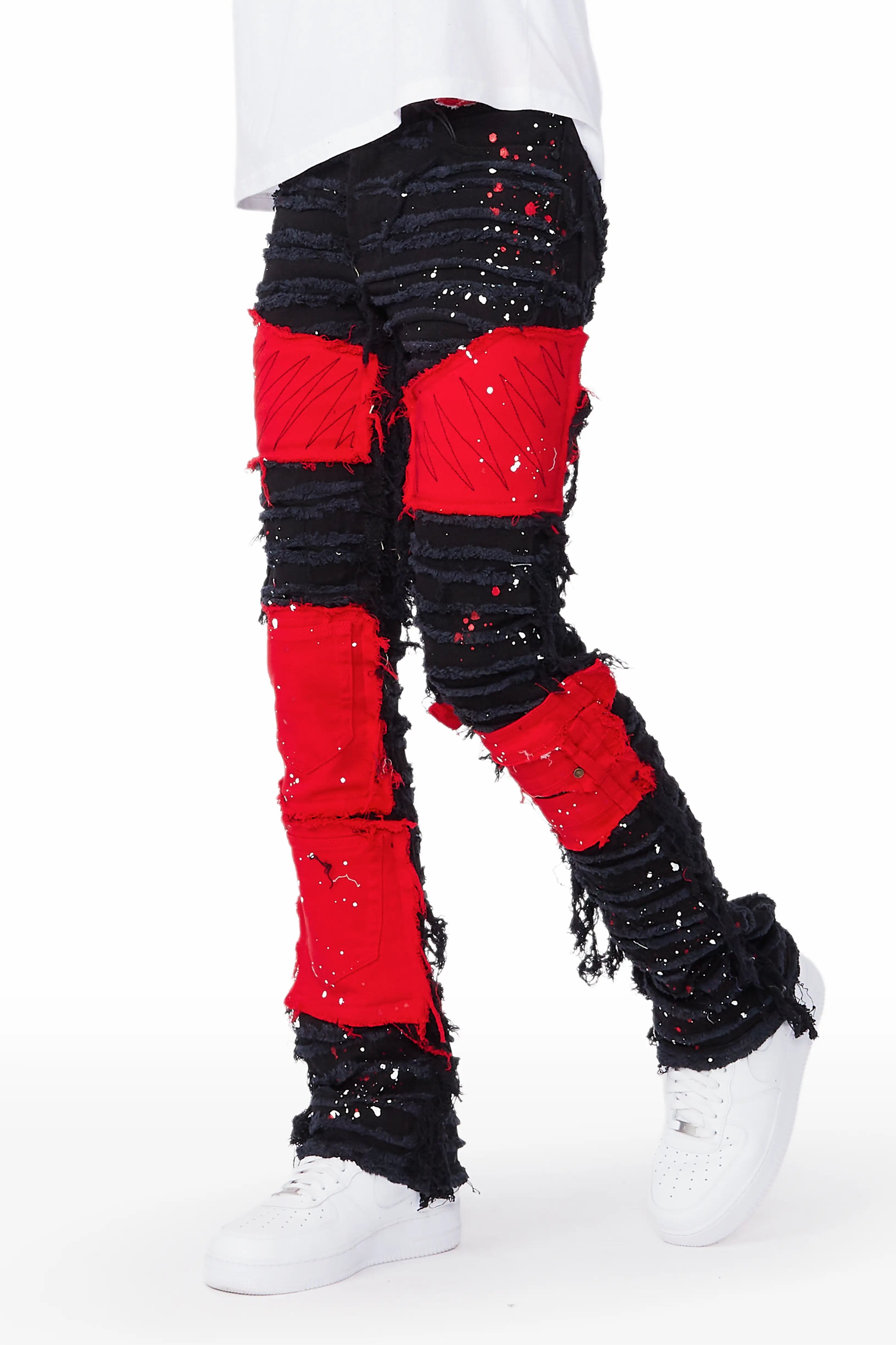 Vadim Black/Red Patchwork Stacked Flare Jean