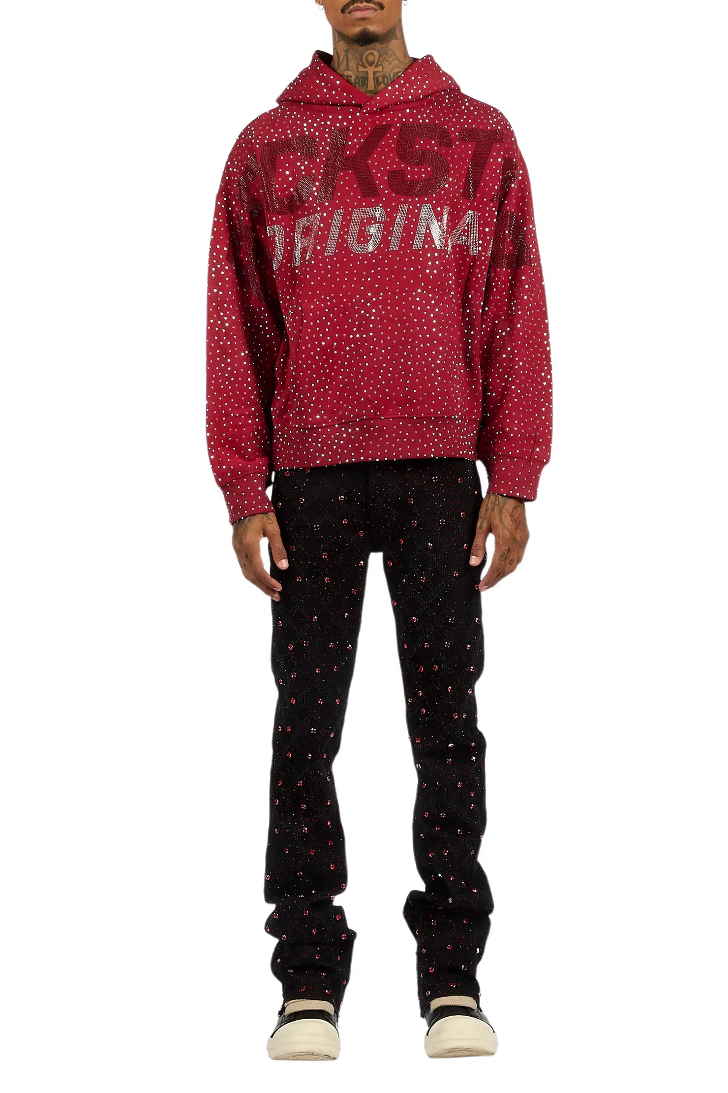 Glit Black/Red Rhinestone Stacked Flare Jean