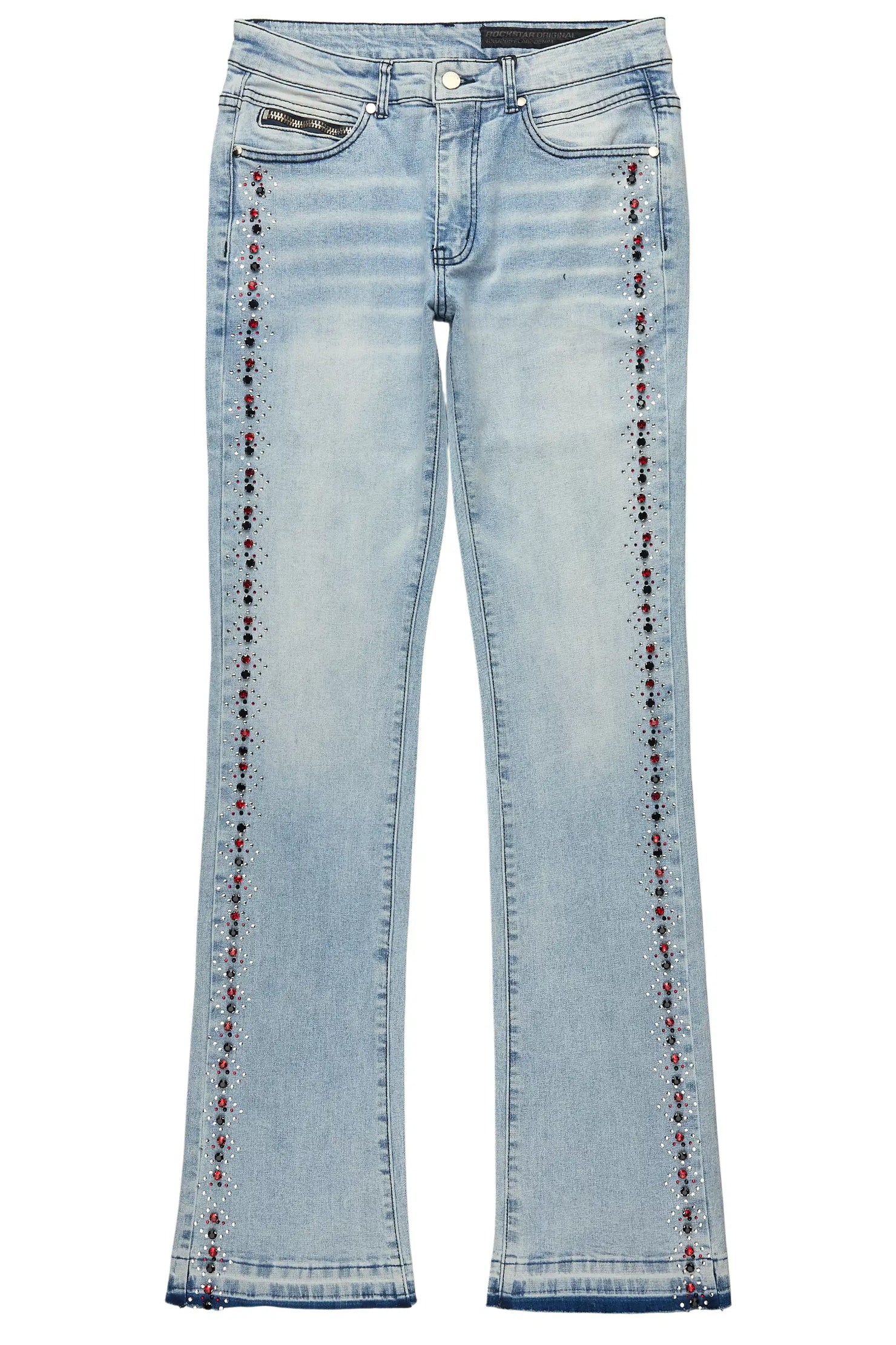 Ozi Rhinestone Light Blue Stacked Flare Jean