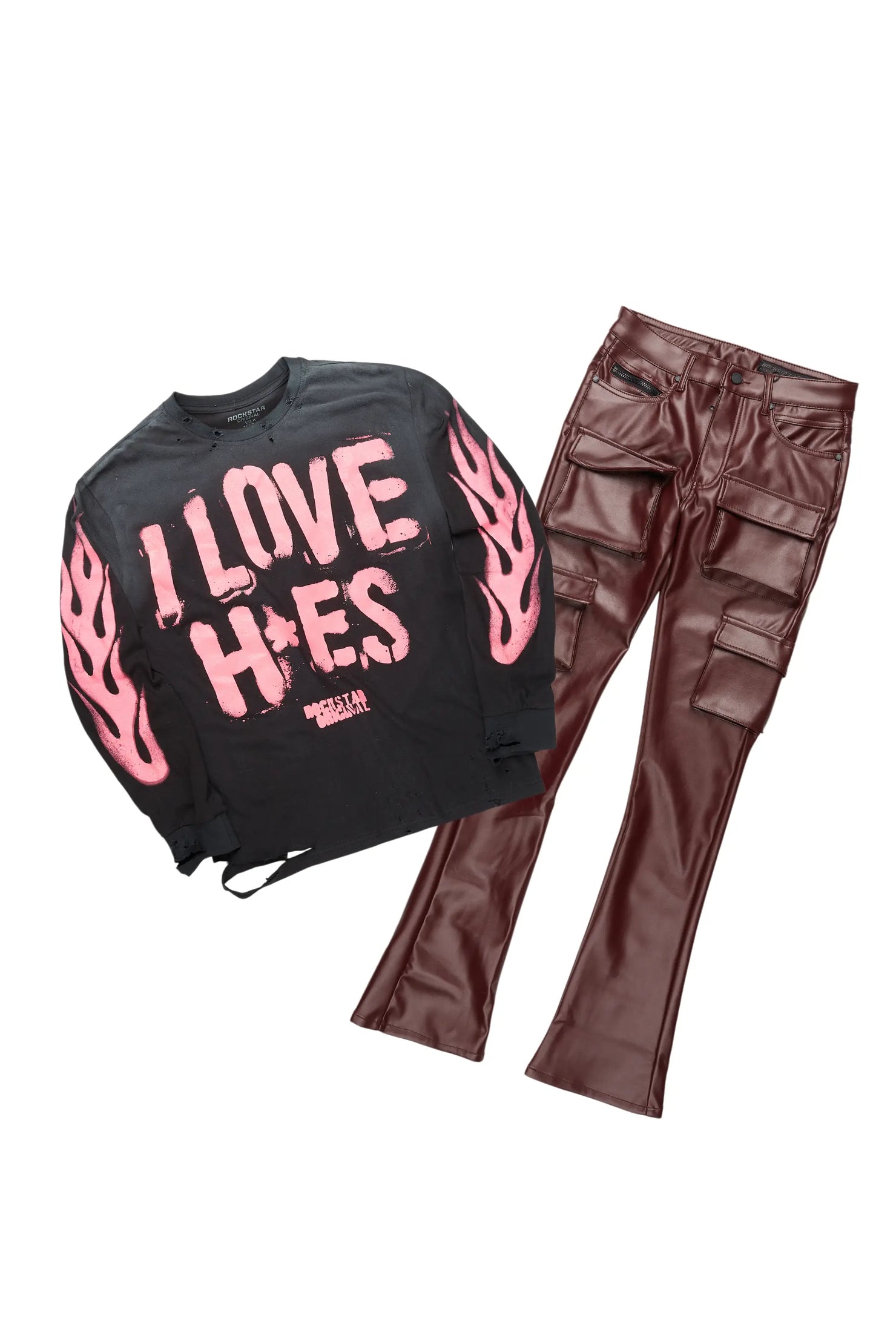 Banyan Black Long Sleeve T-Shirt & Kap Stacked Flare PU Jean Bundle