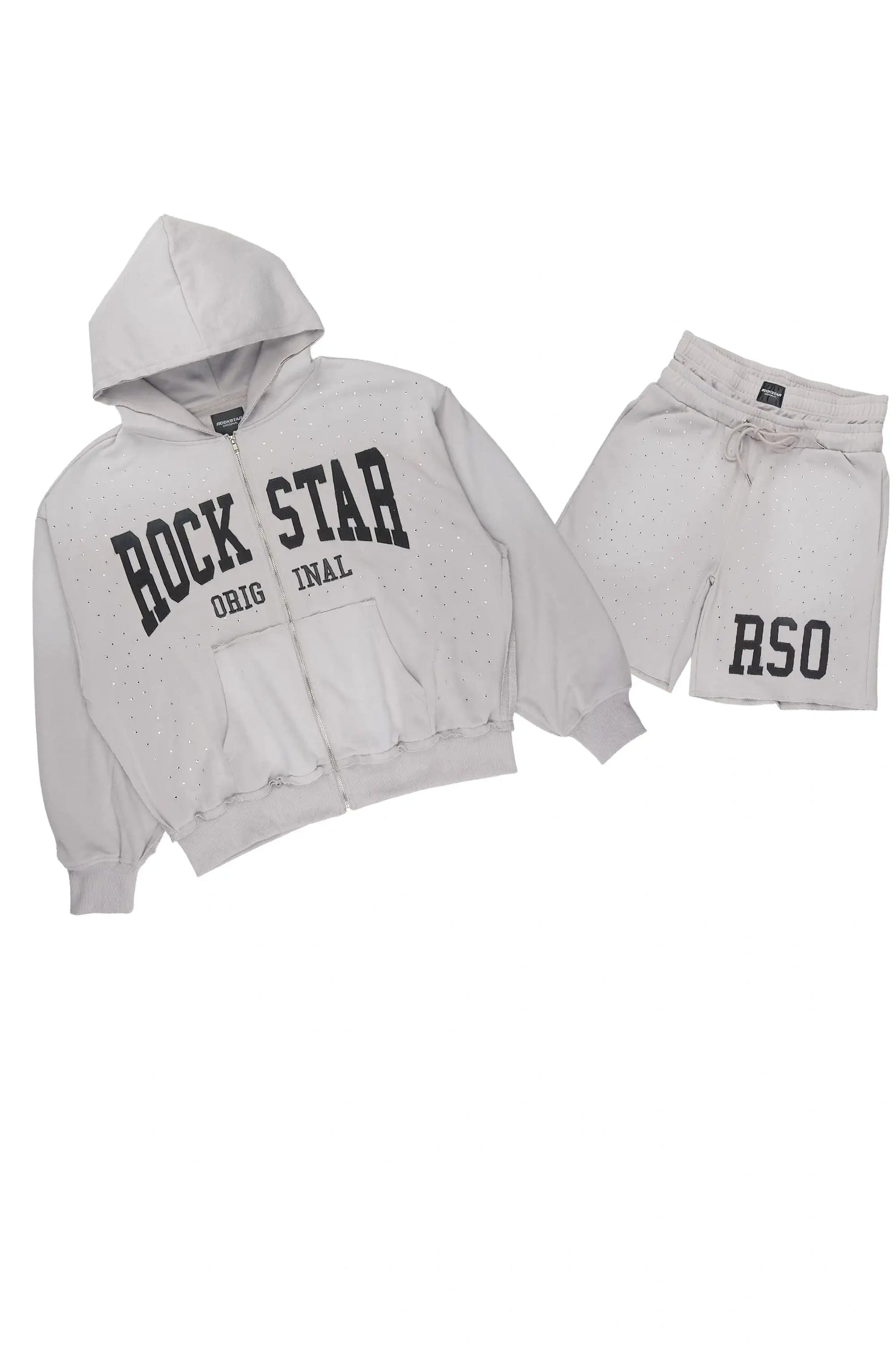 Akila Grey Rhinestone Hoodie Double Waisted Short Set