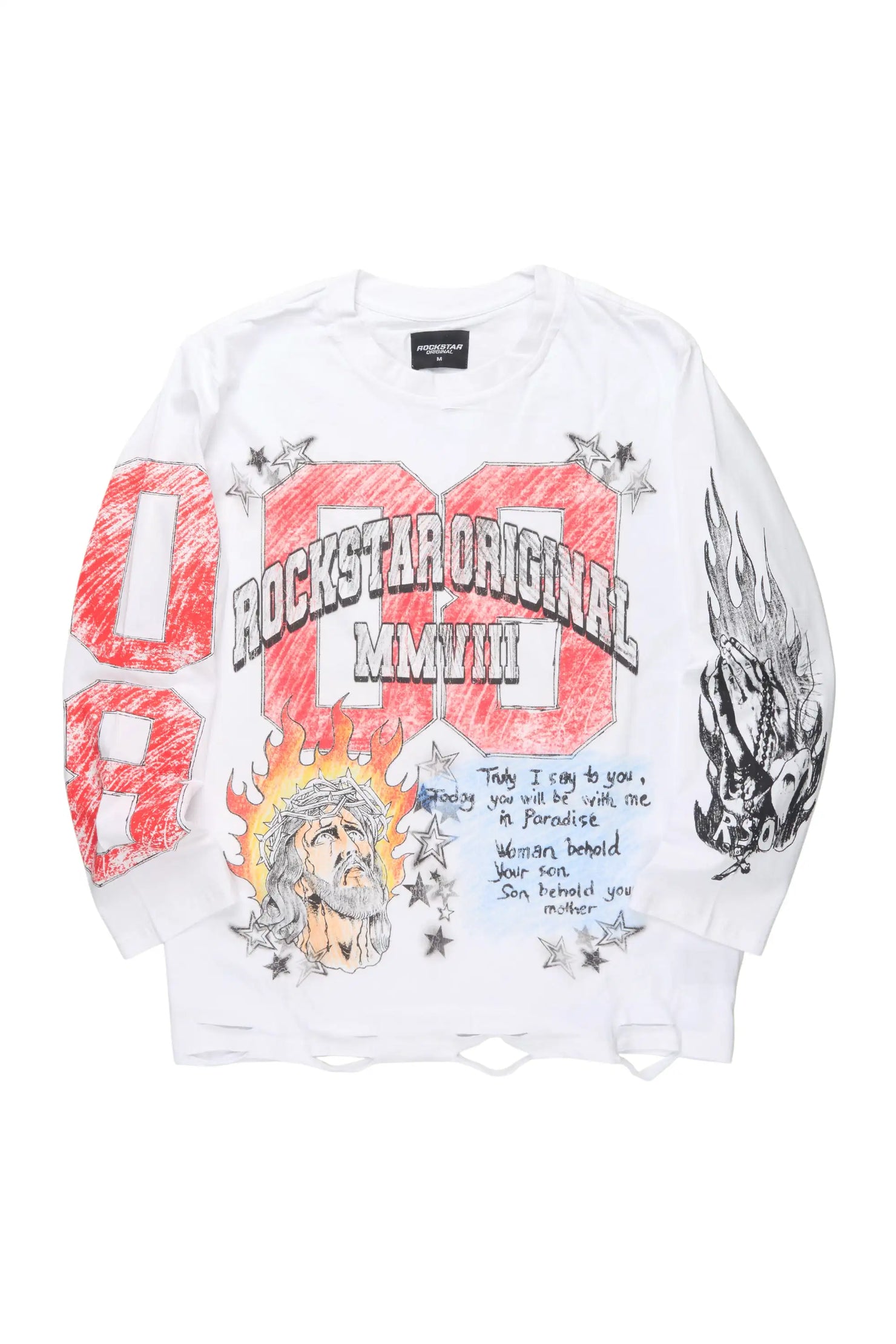 Jesus Crayon White Long Sleeve Graphic T-Shirt