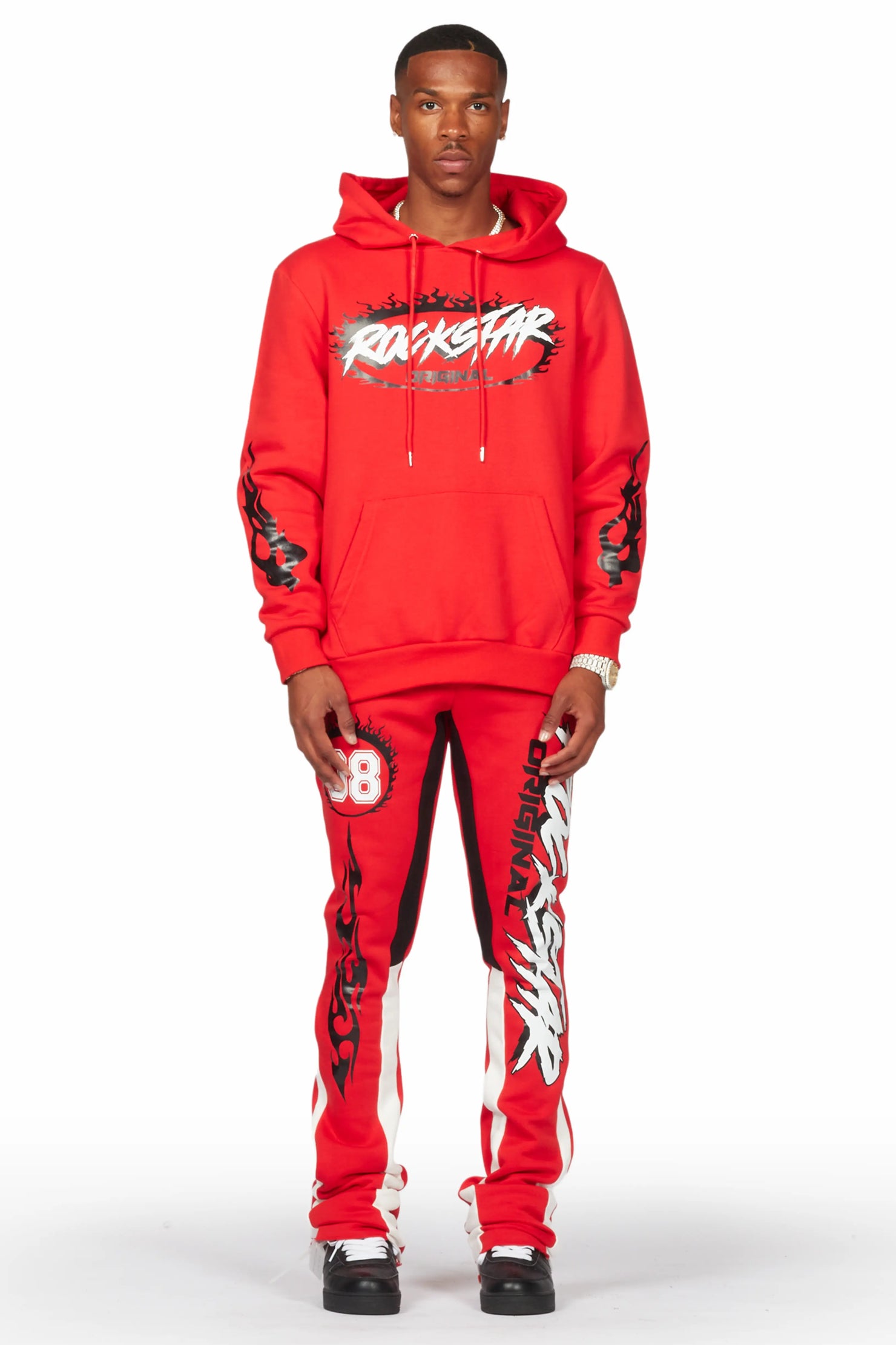 Draven Red Hoodie/Stacked Flare Track Pant Set