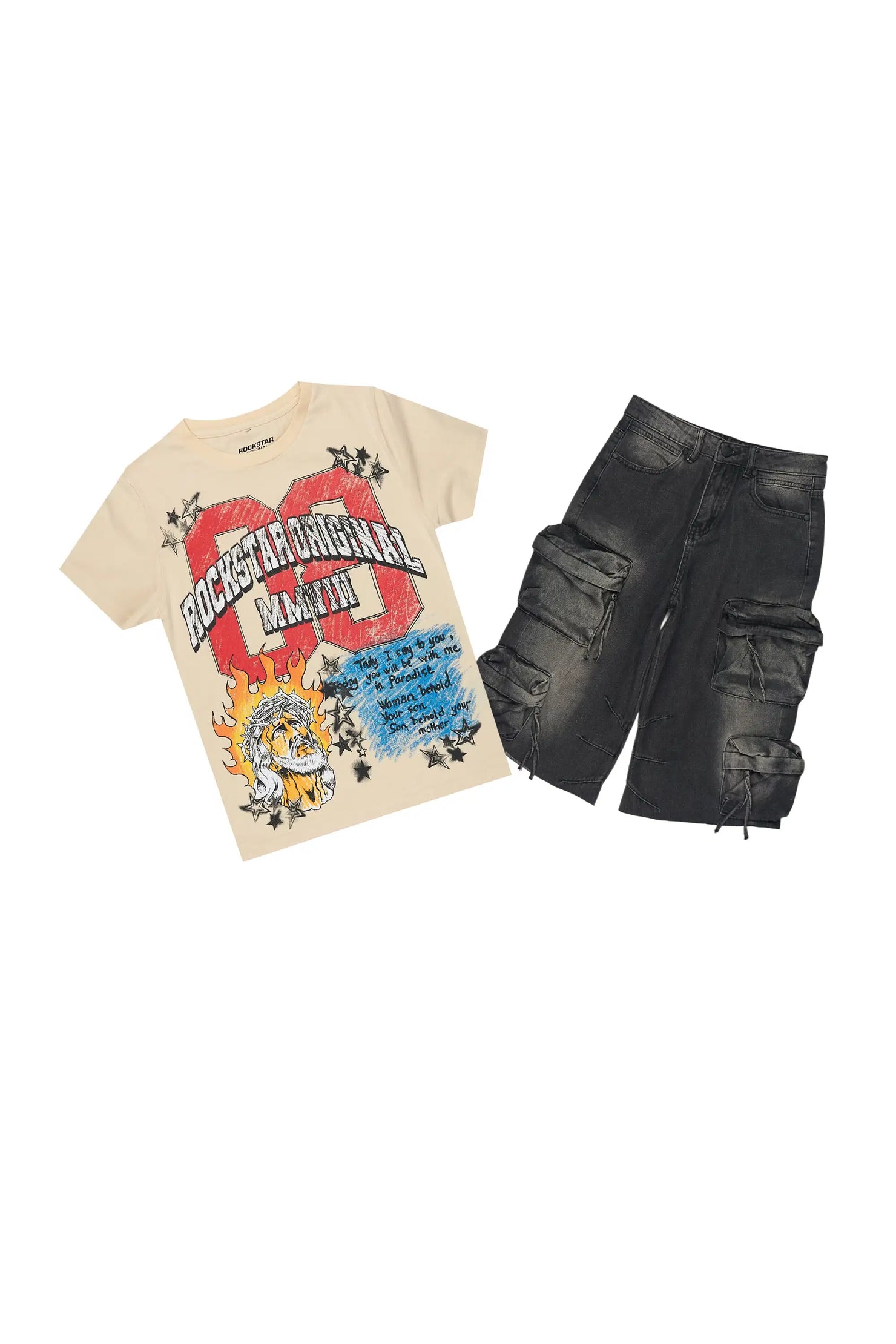 Boys Jesus Crayon Sand/Black T-Shirt/Denim Jort Set