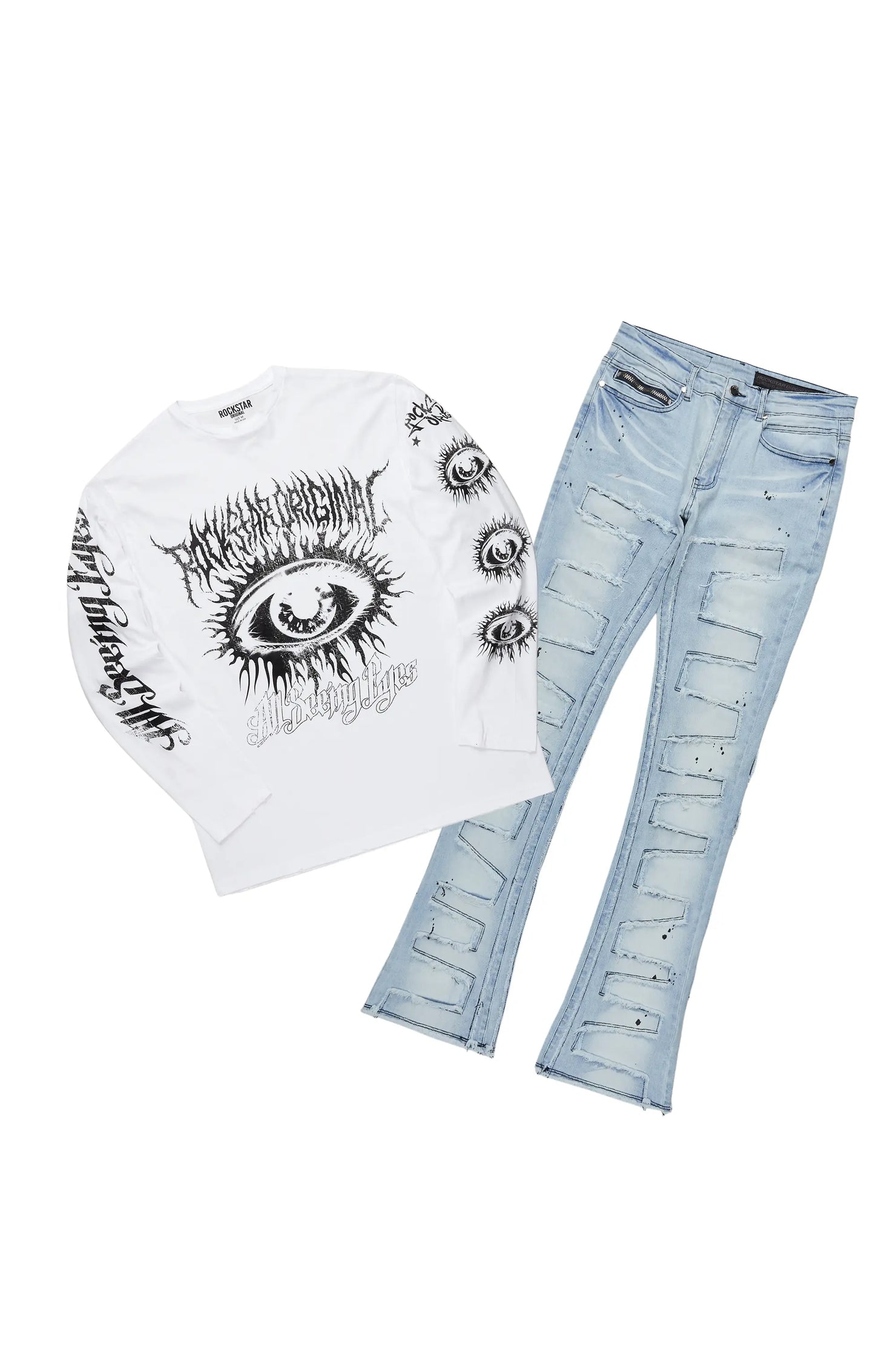 All Seeing Eyes White/Blue Long Sleeve T-Shirt/Stacked Flare Jean Set