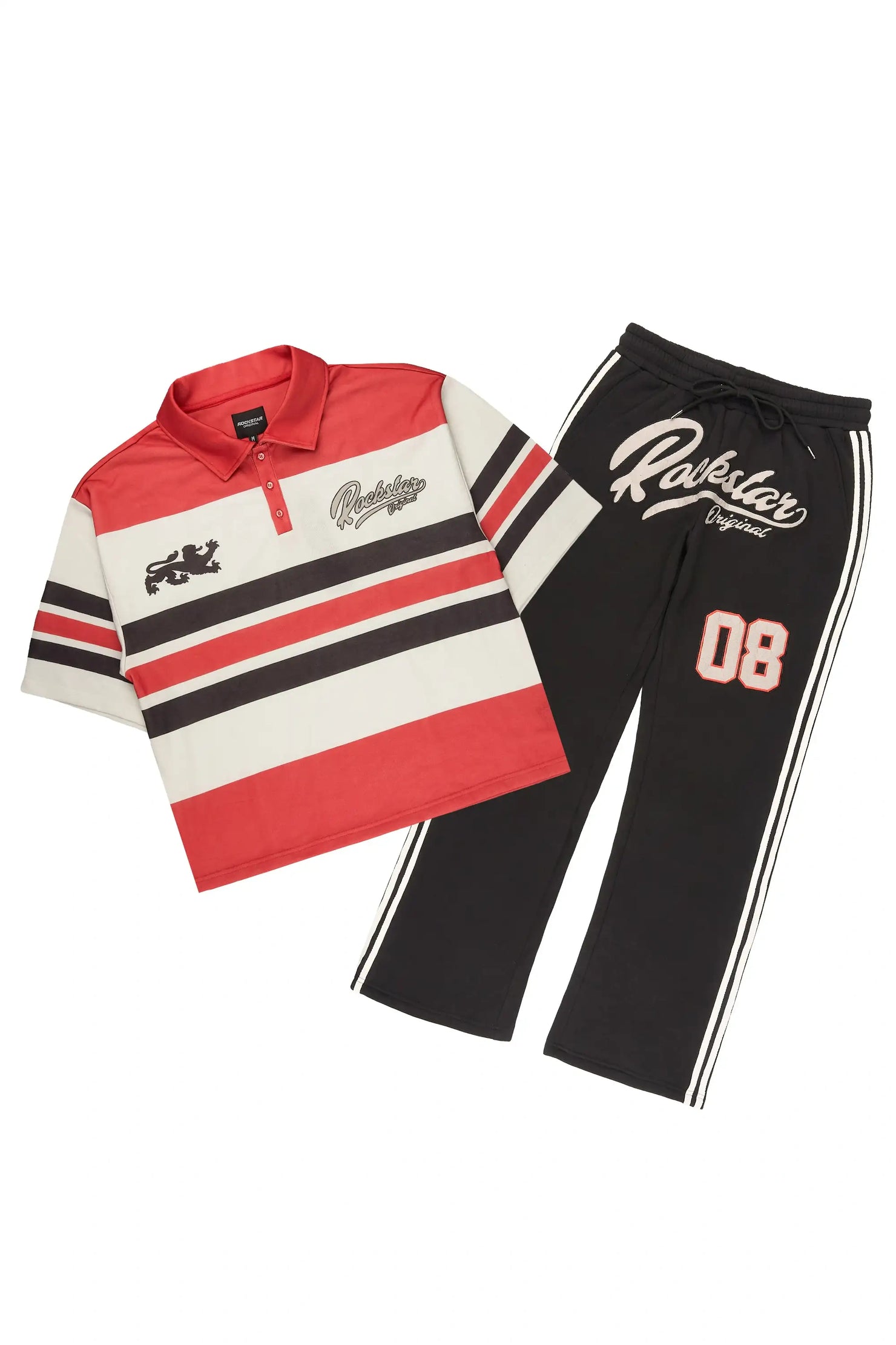 Yazan Red Crop Boxy Polo/ French Terry Relaxed Pant Track Set