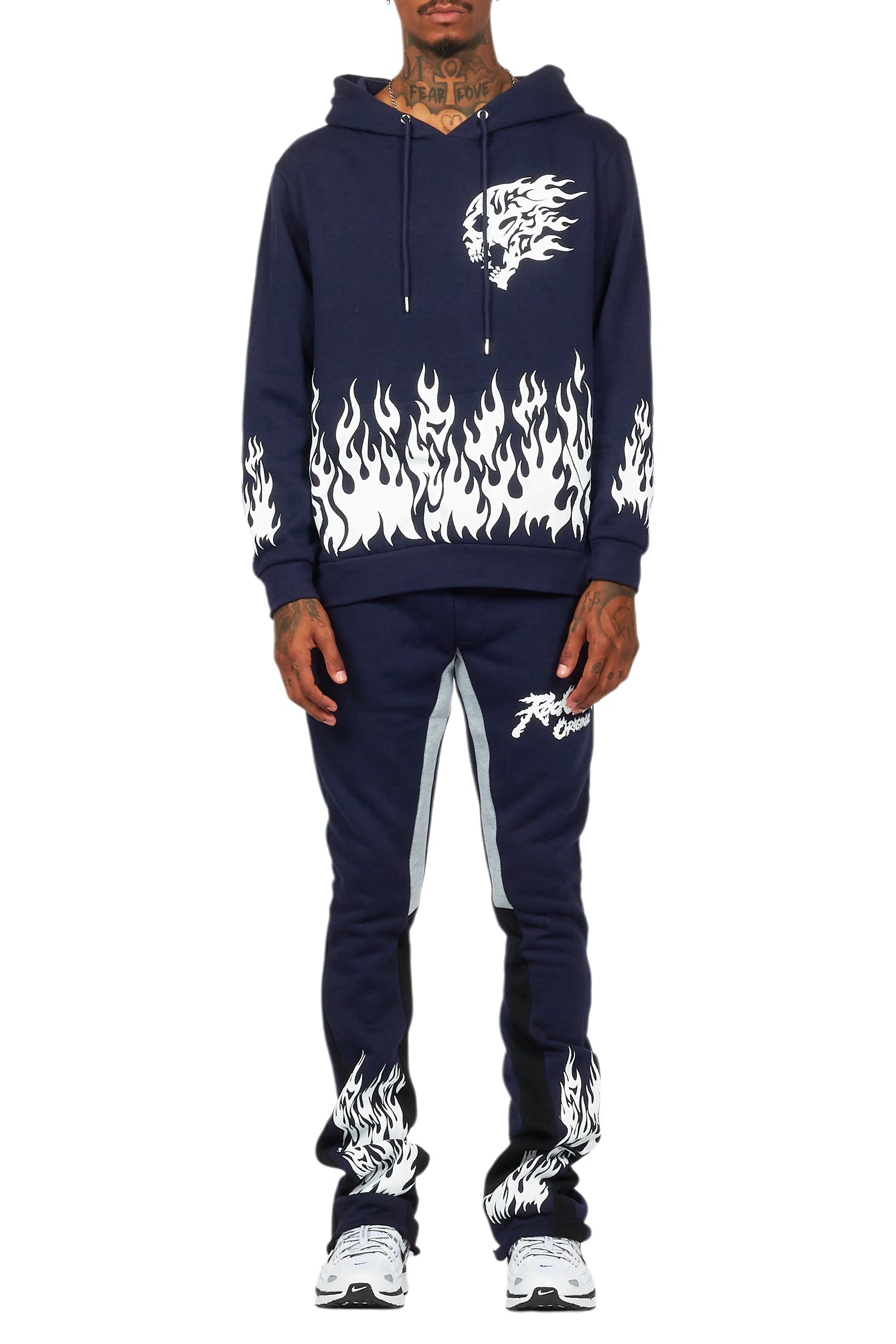 Bubble Navy Stacked Flare Hoodie Track Set