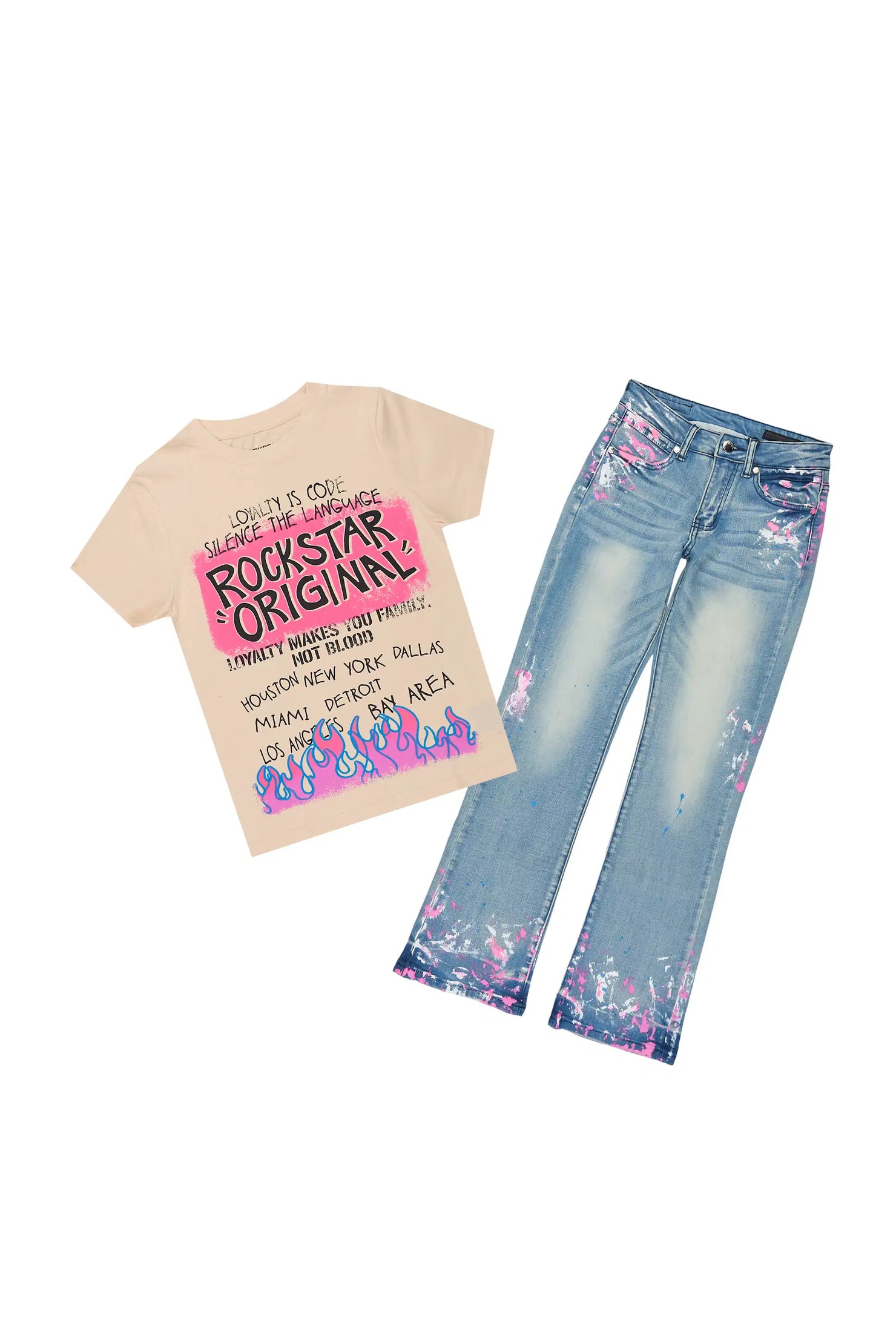 Girls Gemma Beige/Blue T-Shirt Stacked Jean Set