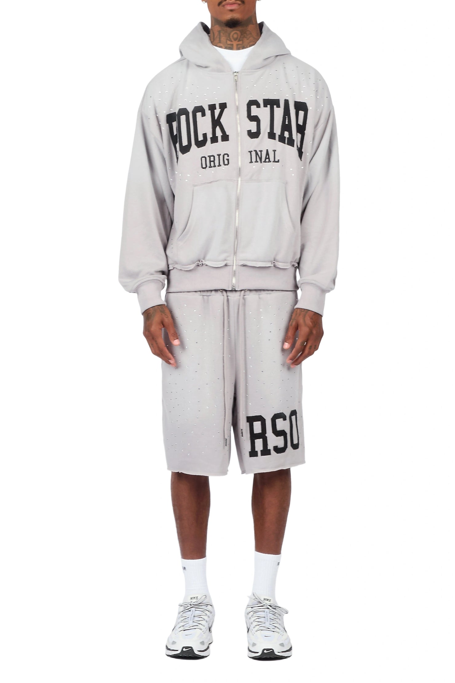 Akila Grey Rhinestone Hoodie Double Waisted Short Set